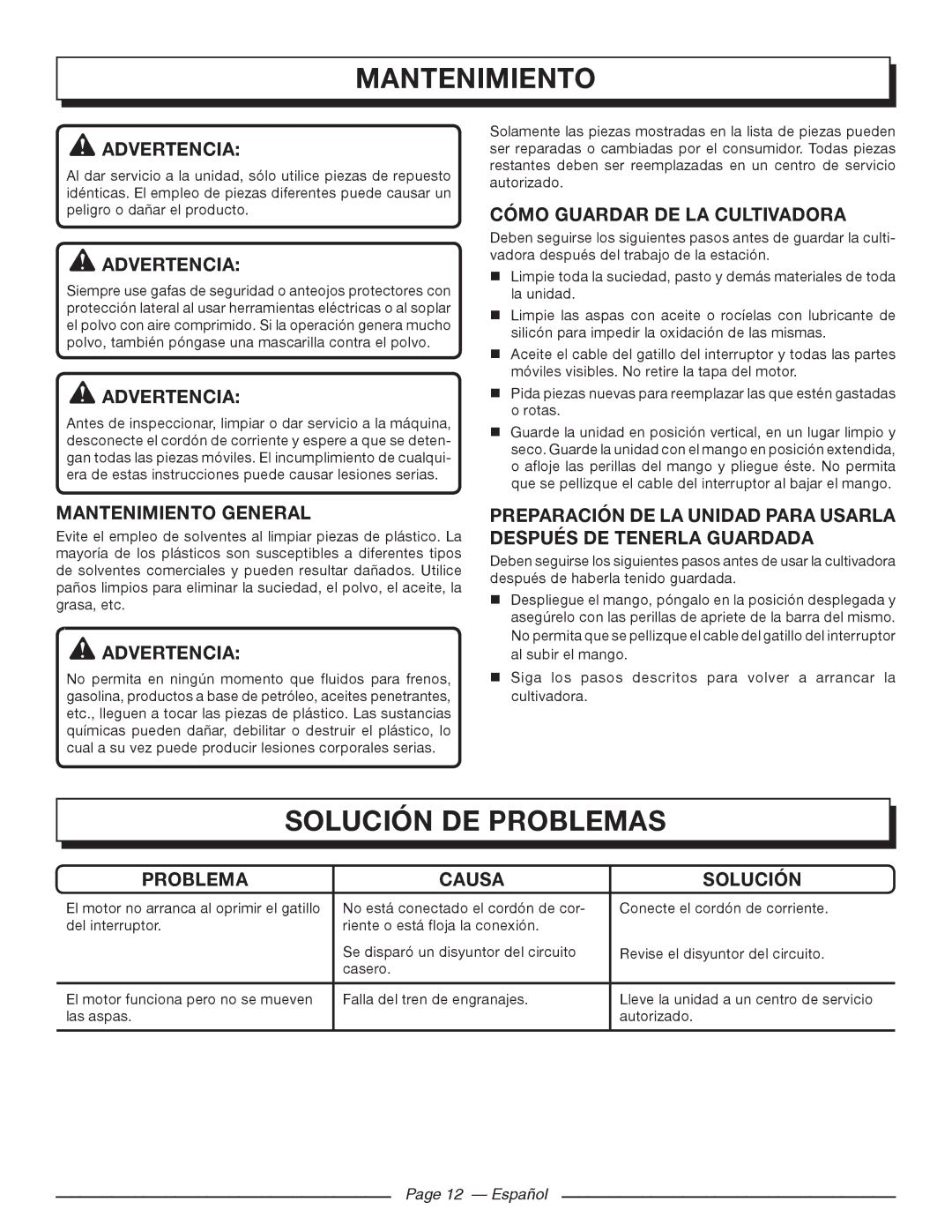 Homelite UT46510 Solución DE Problemas, Mantenimiento General, Cómo Guardar DE LA Cultivadora, Problema Causa Solución 