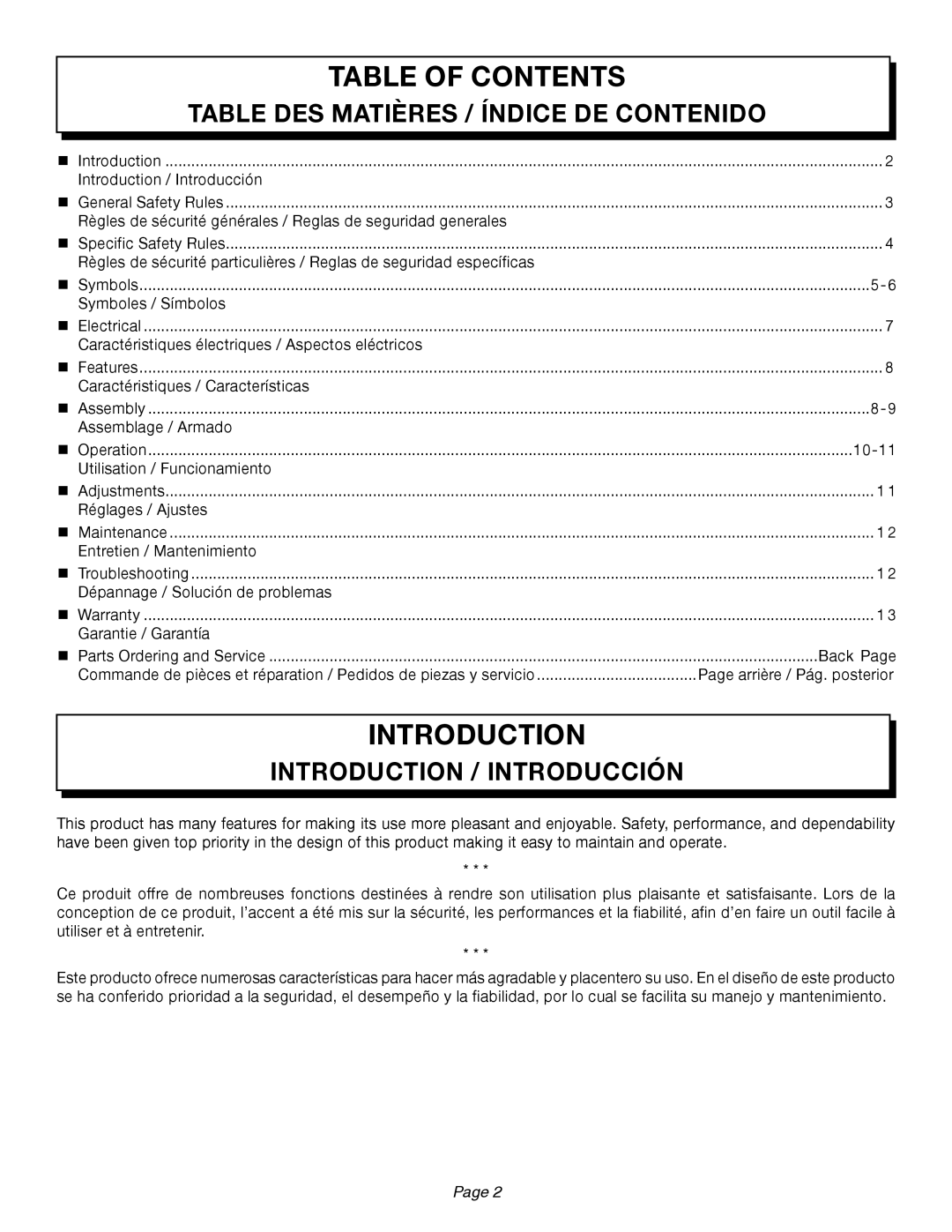 Homelite UT46510 manuel dutilisation Table of Contents 