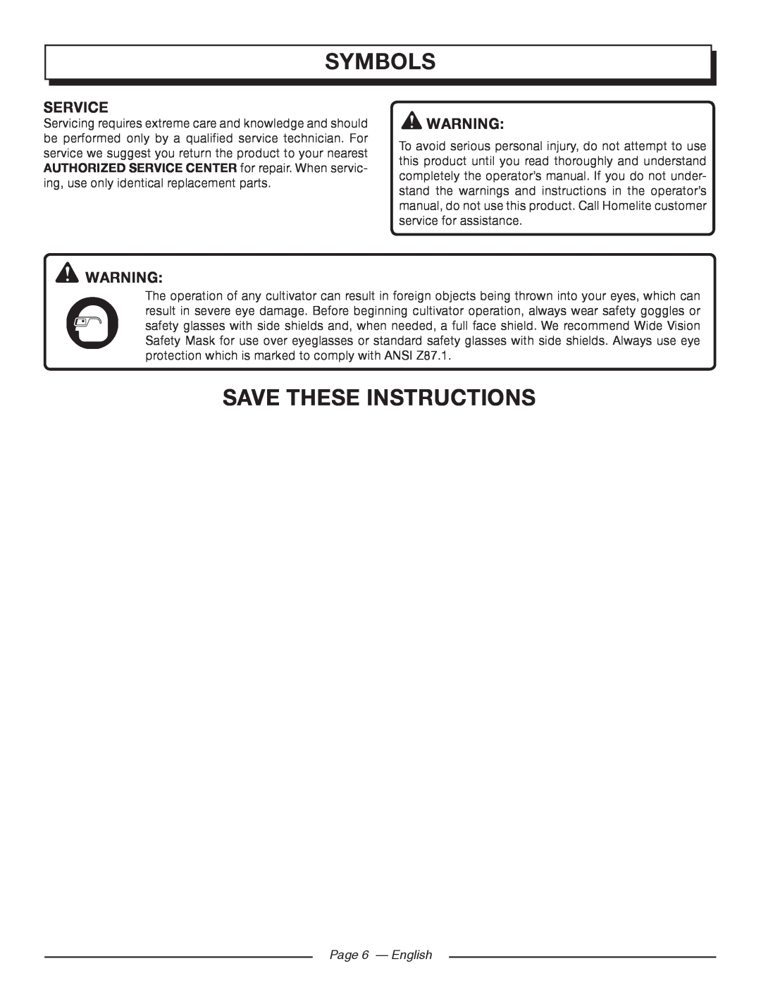 Homelite UT46510 manuel dutilisation Symbols, Save These Instructions, Service, Page 6 - English 