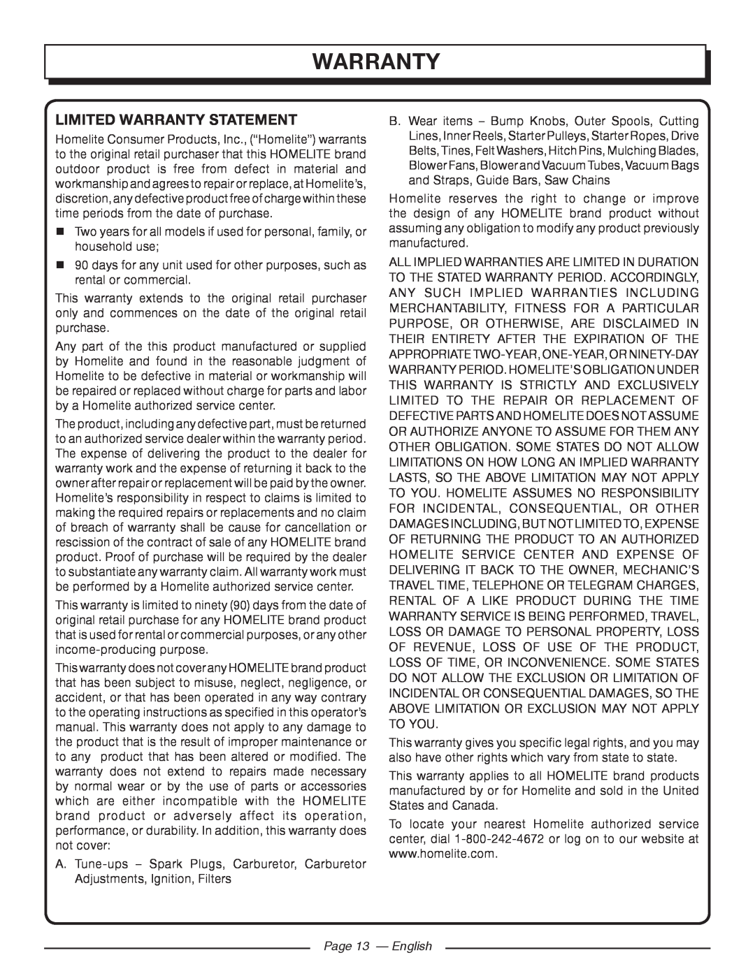 Homelite UT46510 manuel dutilisation Limited Warranty Statement, Page 13 - English 
