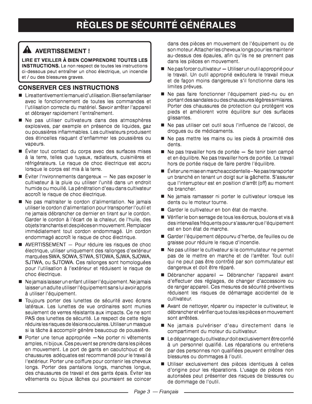 Homelite UT46510 Règles De Sécurité Générales, Avertissement , Conserver ces instructions, Page 3 - Français 