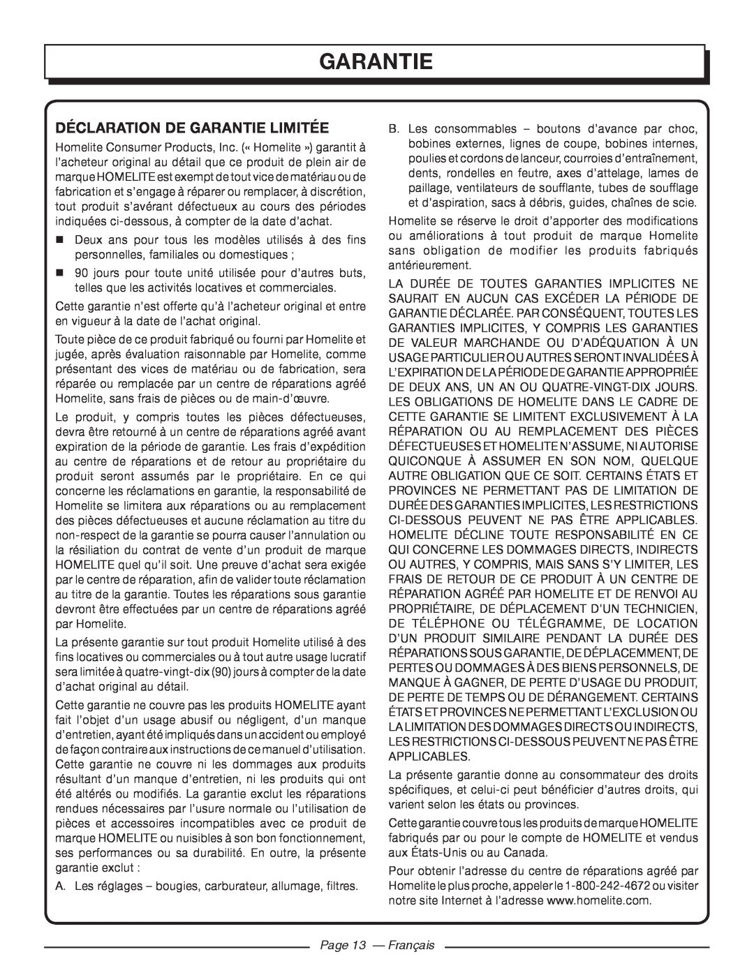 Homelite UT46510 manuel dutilisation Déclaration De Garantie Limitée, Page 13 - Français 