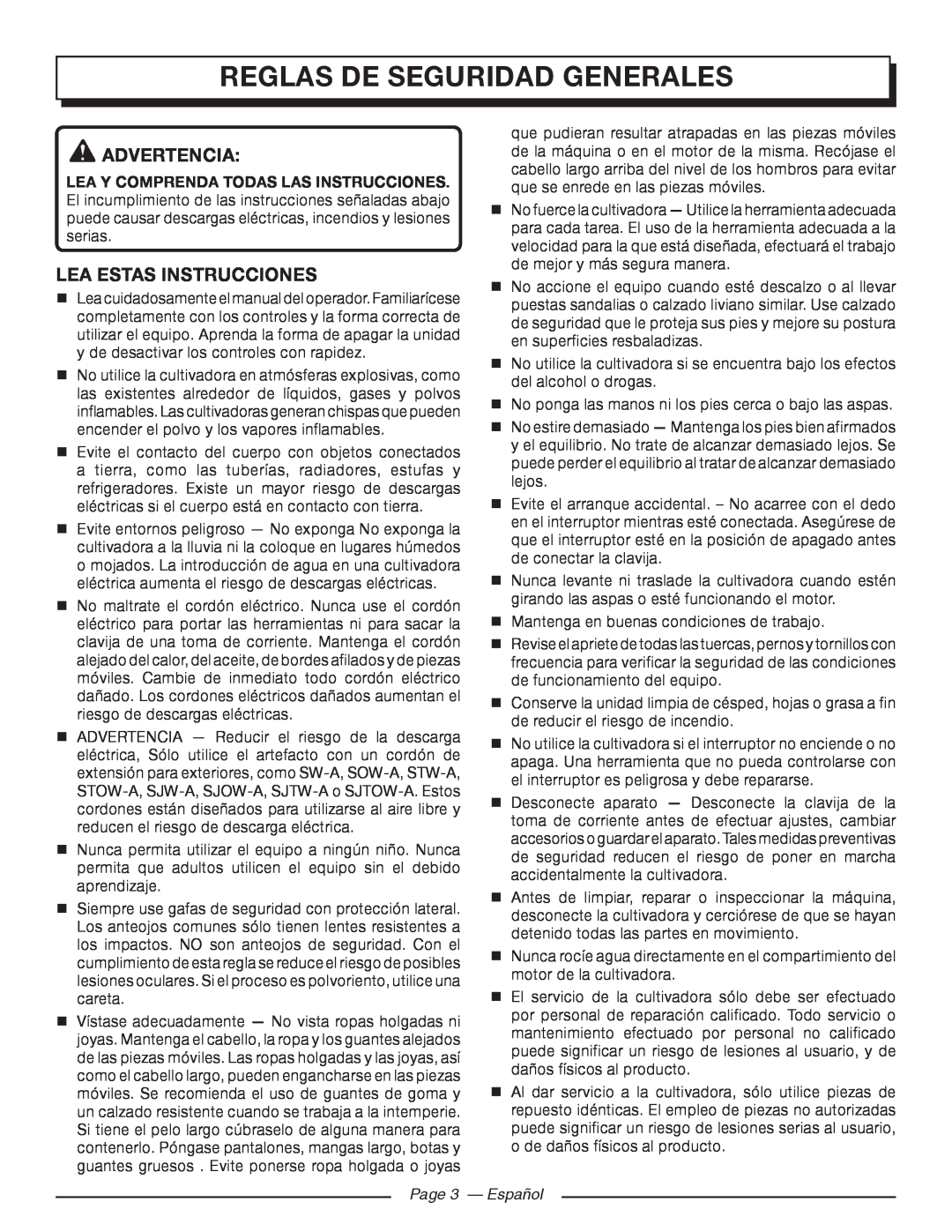 Homelite UT46510 manuel dutilisation Reglas De Seguridad Generales, Advertencia, Lea Estas Instrucciones, Page 3 - Español 