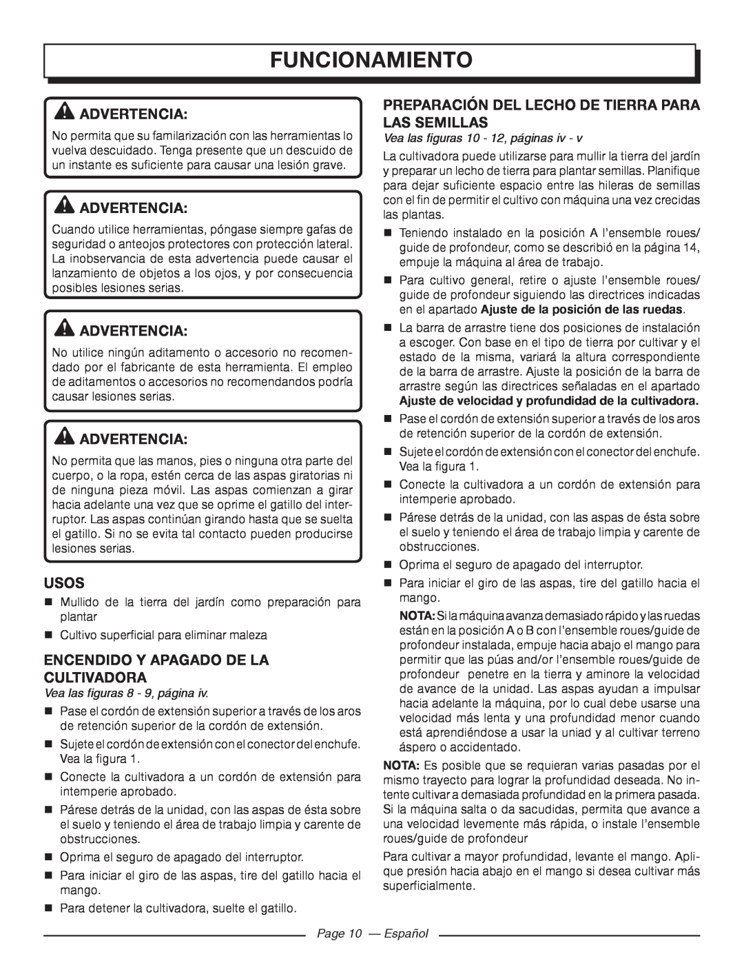 Homelite UT46510 Funcionamiento, Advertencia, Preparación Del Lecho De Tierra Para Las Semillas, Usos, Page 10 - Español 