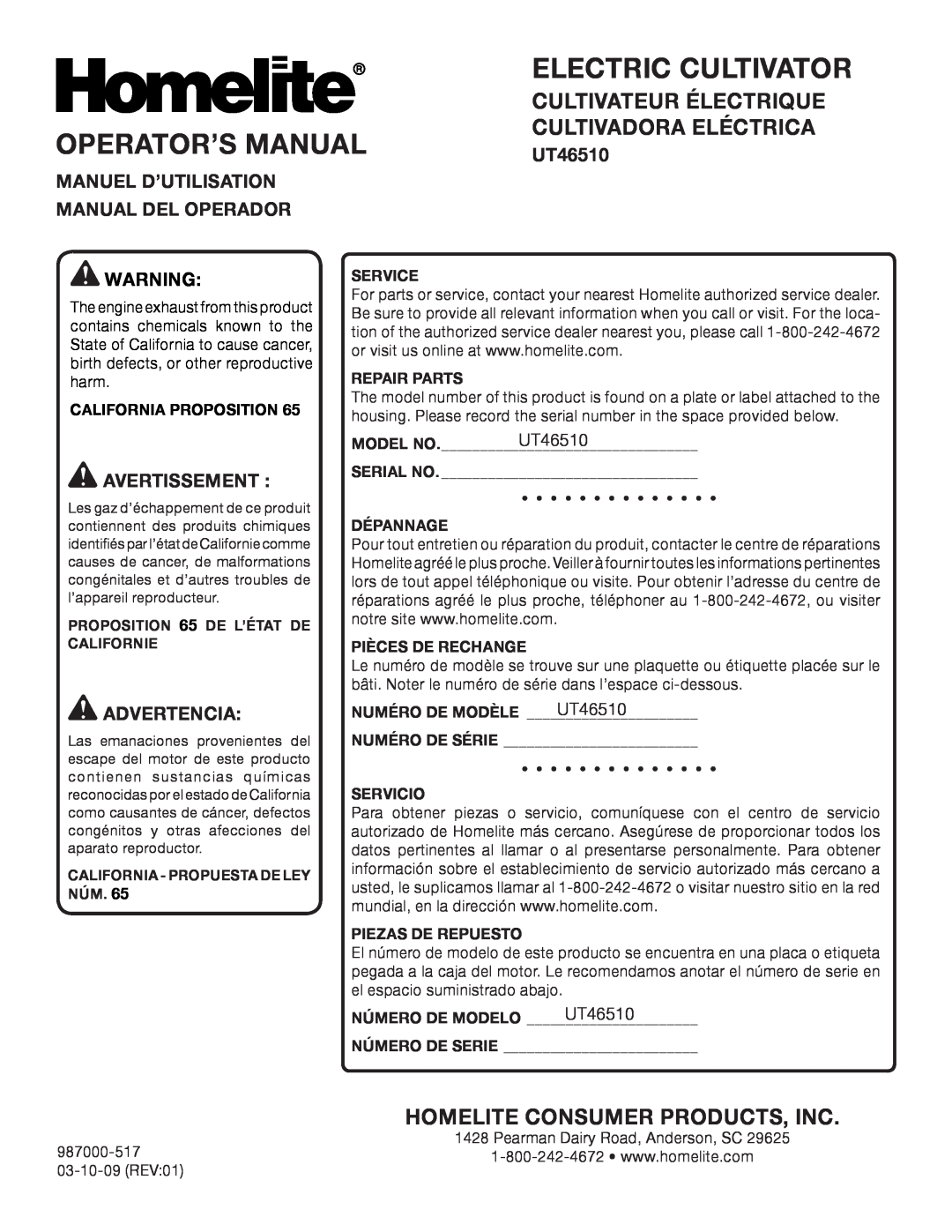 Homelite UT46510 ELECTRIC Cultivator, Operator’S Manual, Manuel D’Utilisation, Manual Del Operador, Avertissement  
