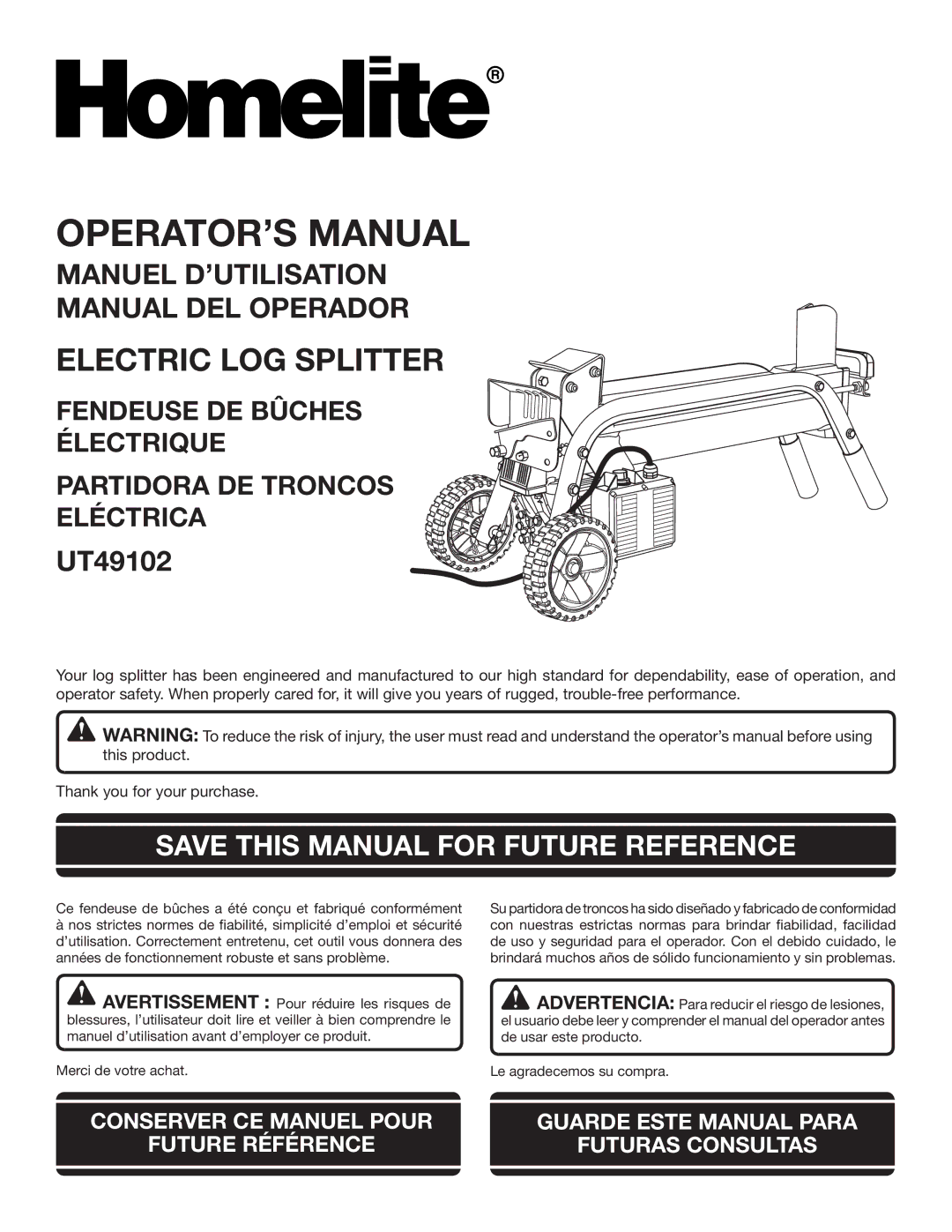 Homelite UT49102 manuel dutilisation OPERATOR’S Manual, Save this Manual for Future Reference 