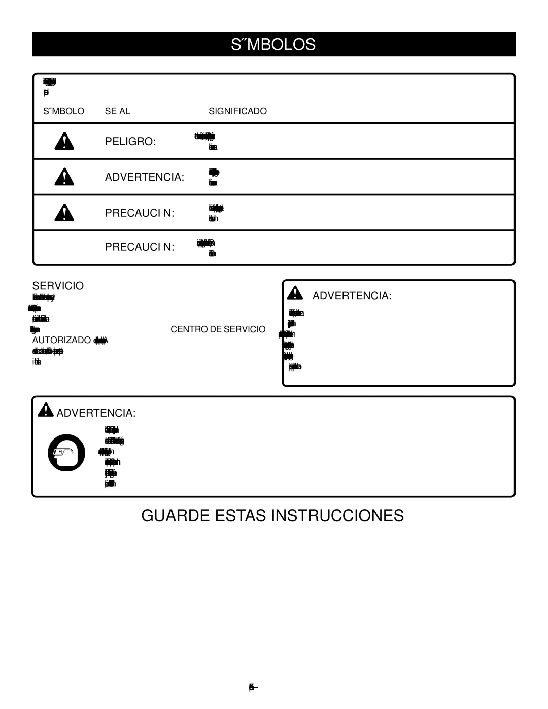 Homelite UT49102 manuel dutilisation Peligro, Advertencia, Precaución, Servicio, Símbolo Señal Significado 