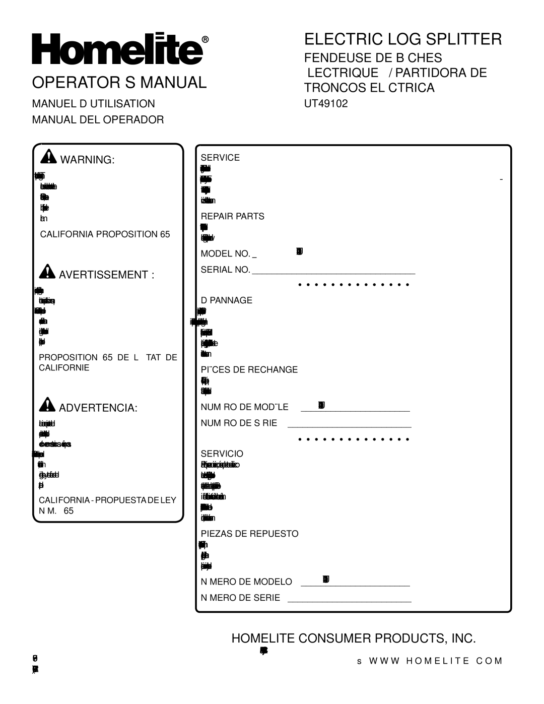 Homelite UT49102 manuel dutilisation Manuel D’UTILISATION Manual DEL Operador, Ut49102 