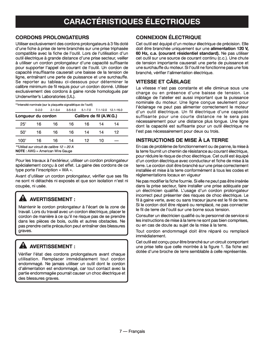 Homelite UT49102 manuel dutilisation Caractéristiques électriques, Longueur du cordon, Calibre de fil A.W.G 