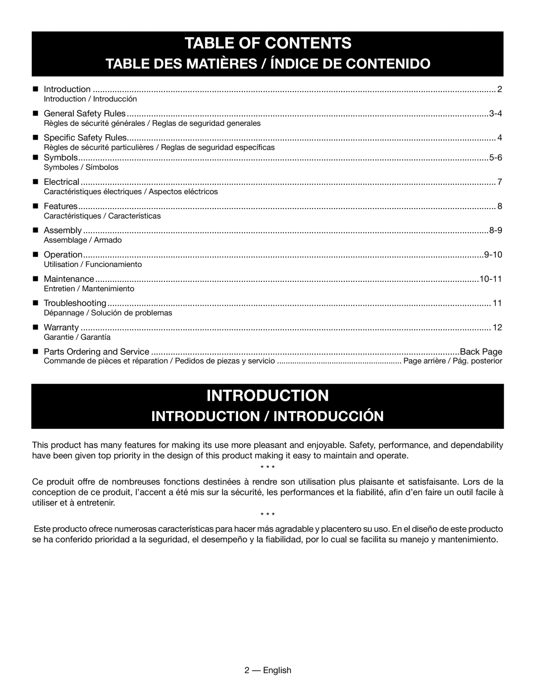 Homelite UT49102 Table Of Contents, introduction, Table Des Matières / Índice De Contenido, Introduction / Introducción 