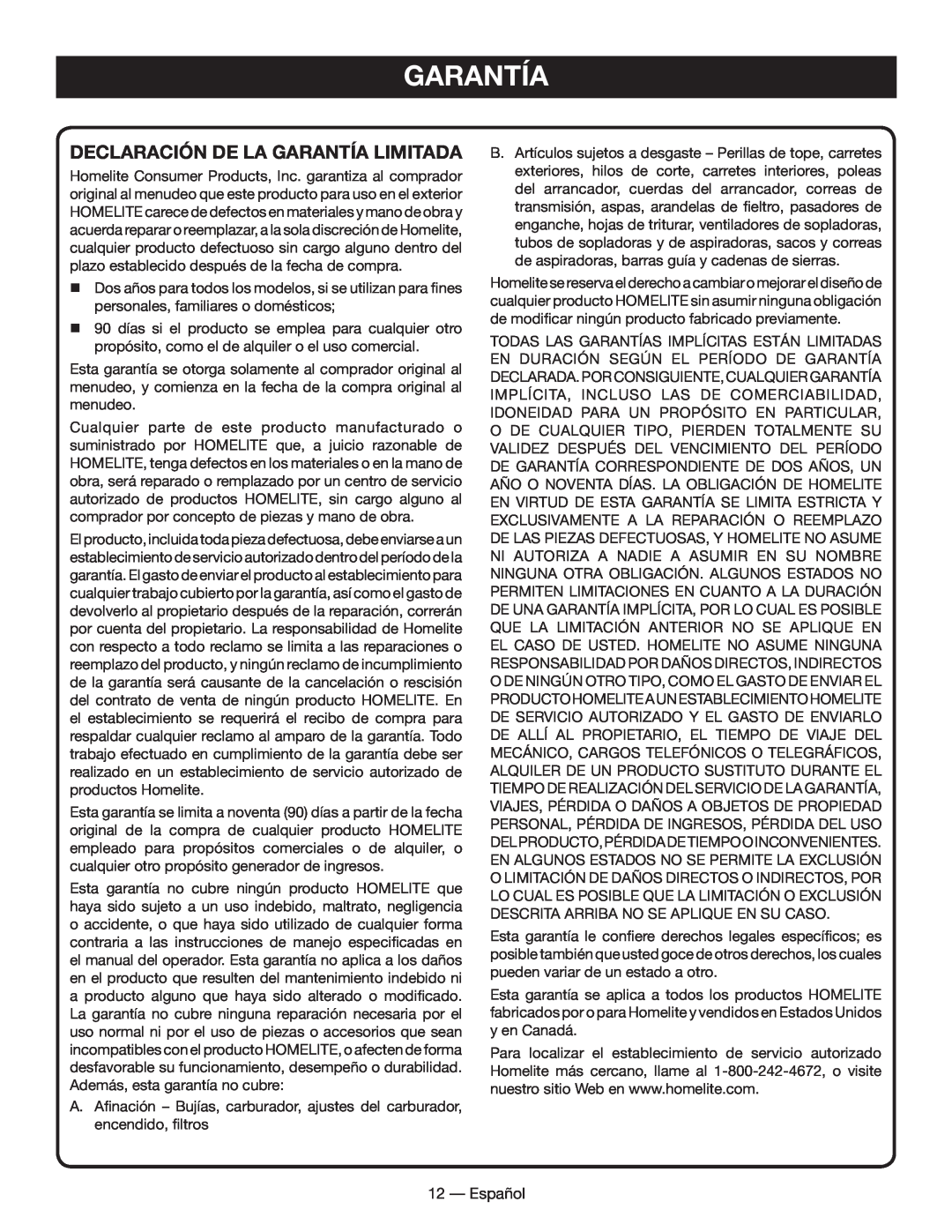 Homelite UT49102 manuel dutilisation Declaración De La Garantía Limitada 