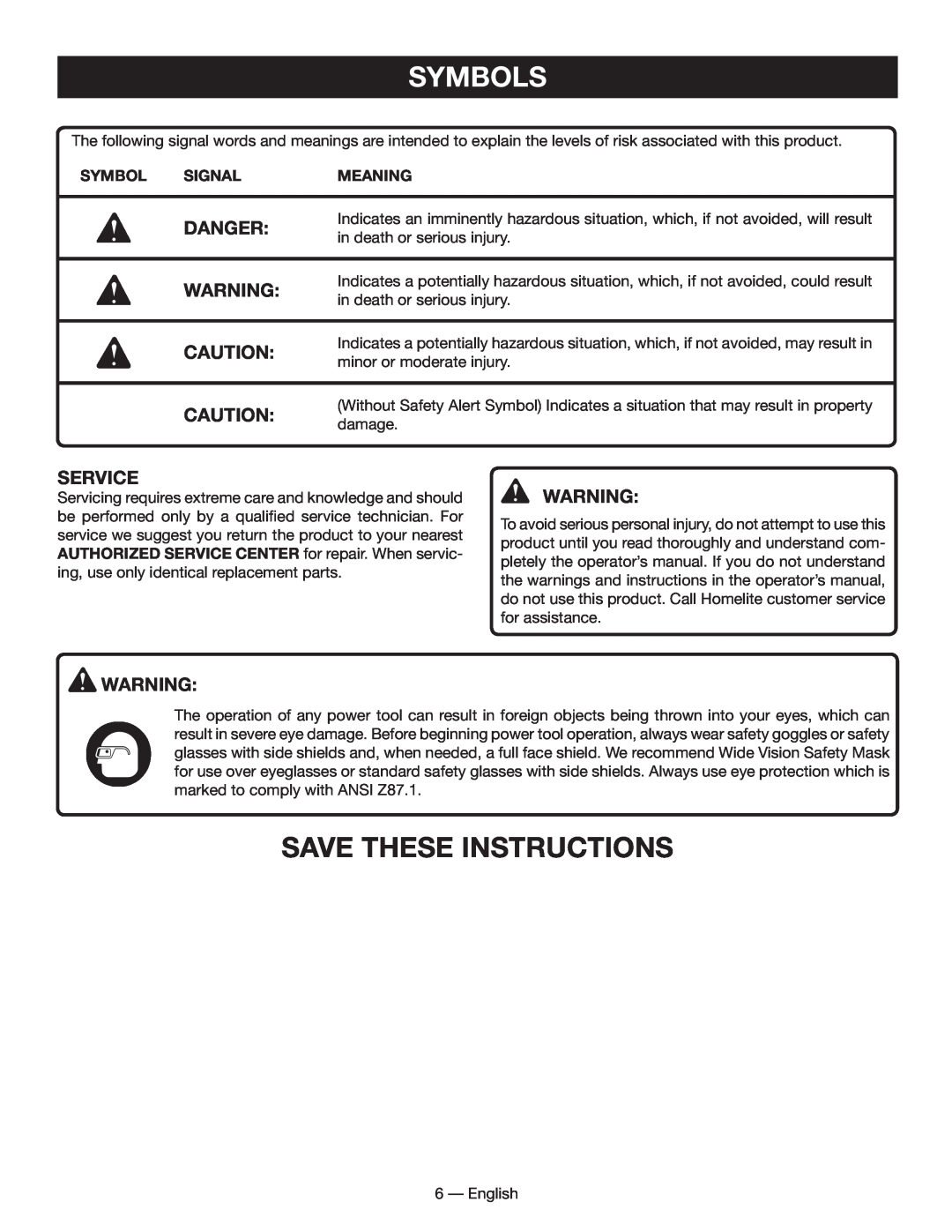 Homelite UT49102 manuel dutilisation Save These Instructions, Symbols, Danger, Service 