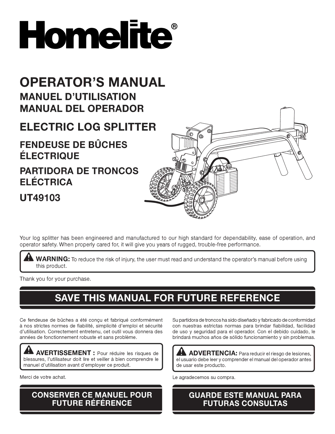 Homelite UT49103 manuel dutilisation OPERATOR’S Manual, Save this Manual for Future Reference 