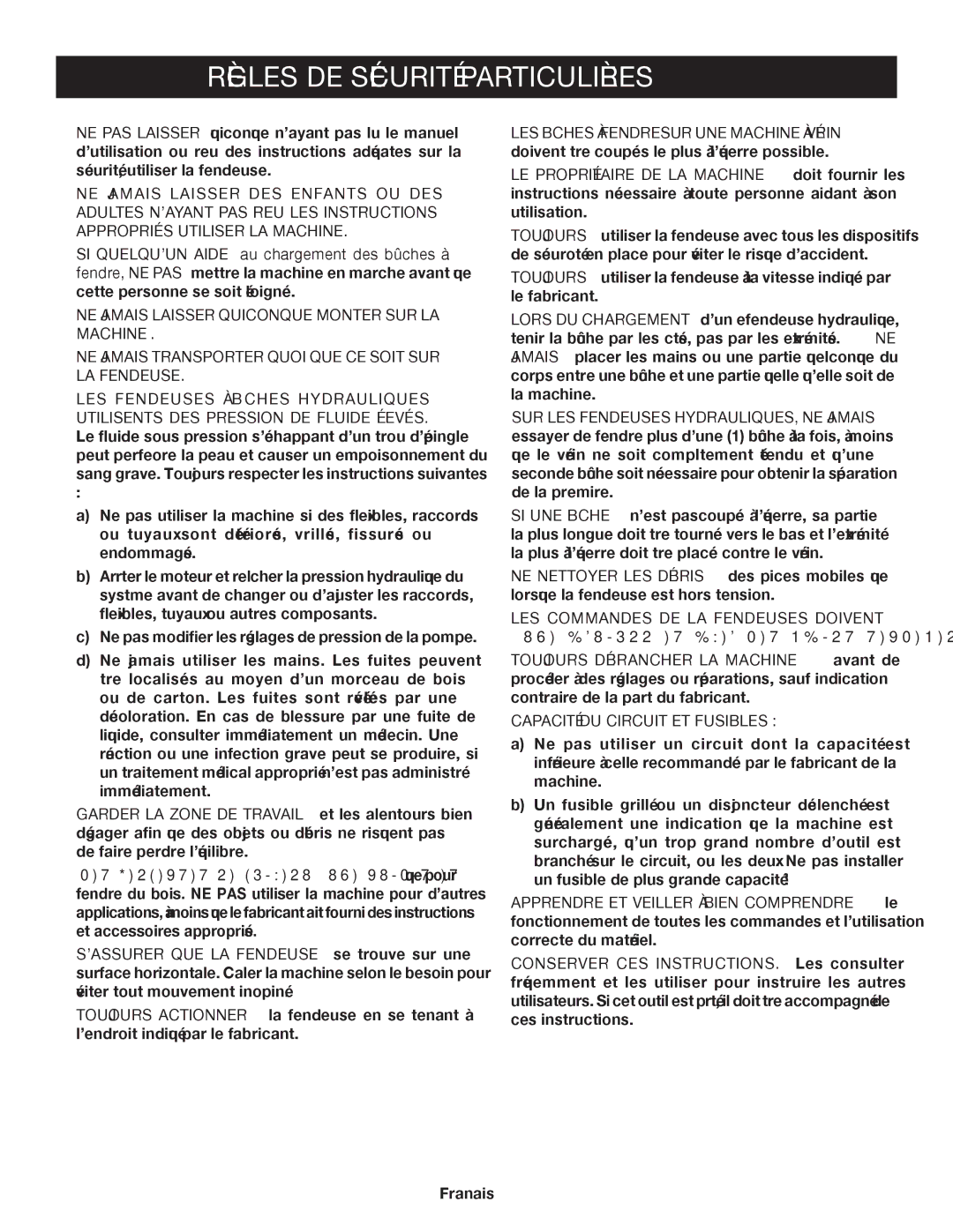 Homelite UT49103 manuel dutilisation Règles DE Sécurité Particulières,  Capacité DU Circuit ET Fusibles 