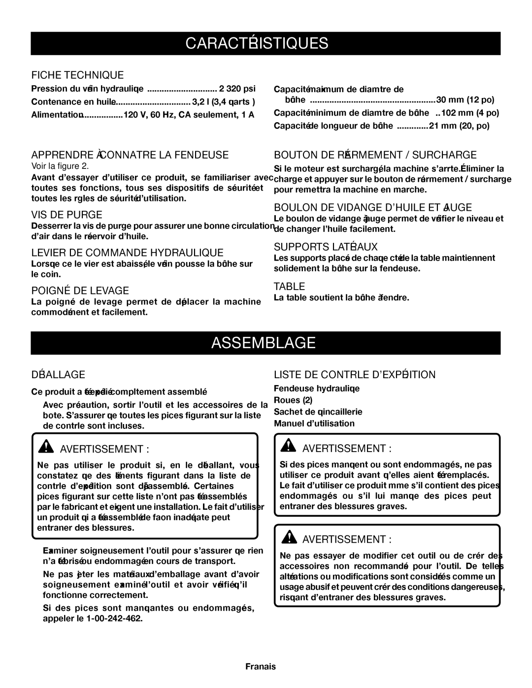 Homelite UT49103 manuel dutilisation Caractéristiques, Assemblage 