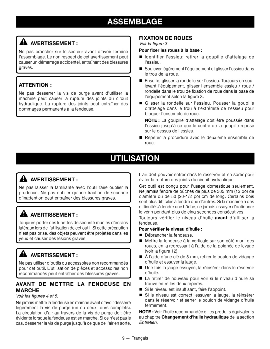 Homelite UT49103 Utilisation, Fixation DE Roues, Avant DE Mettre LA Fendeuse EN Marche, Voir les figures 4 et 