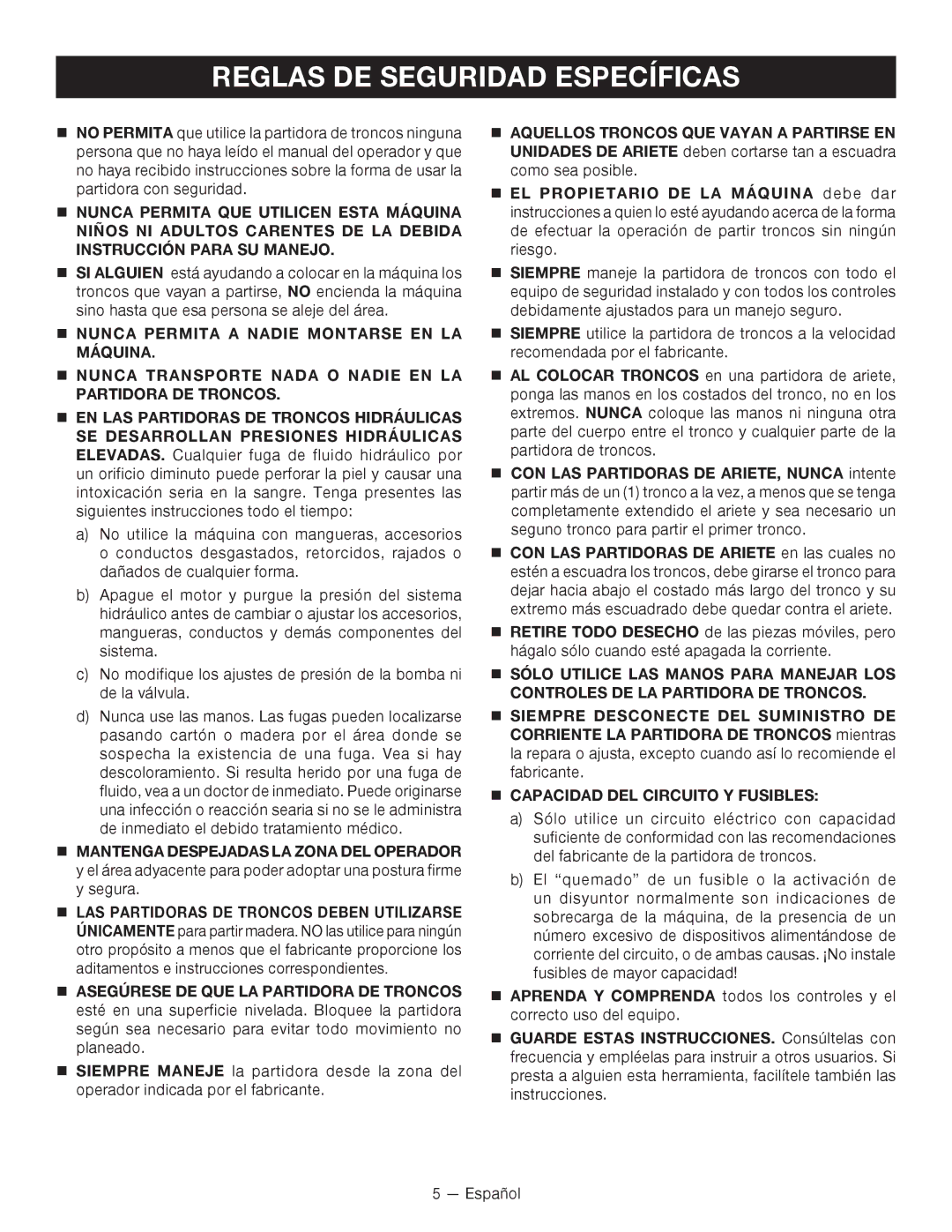 Homelite UT49103 manuel dutilisation Reglas DE Seguridad Específicas,  Capacidad DEL Circuito Y Fusibles 