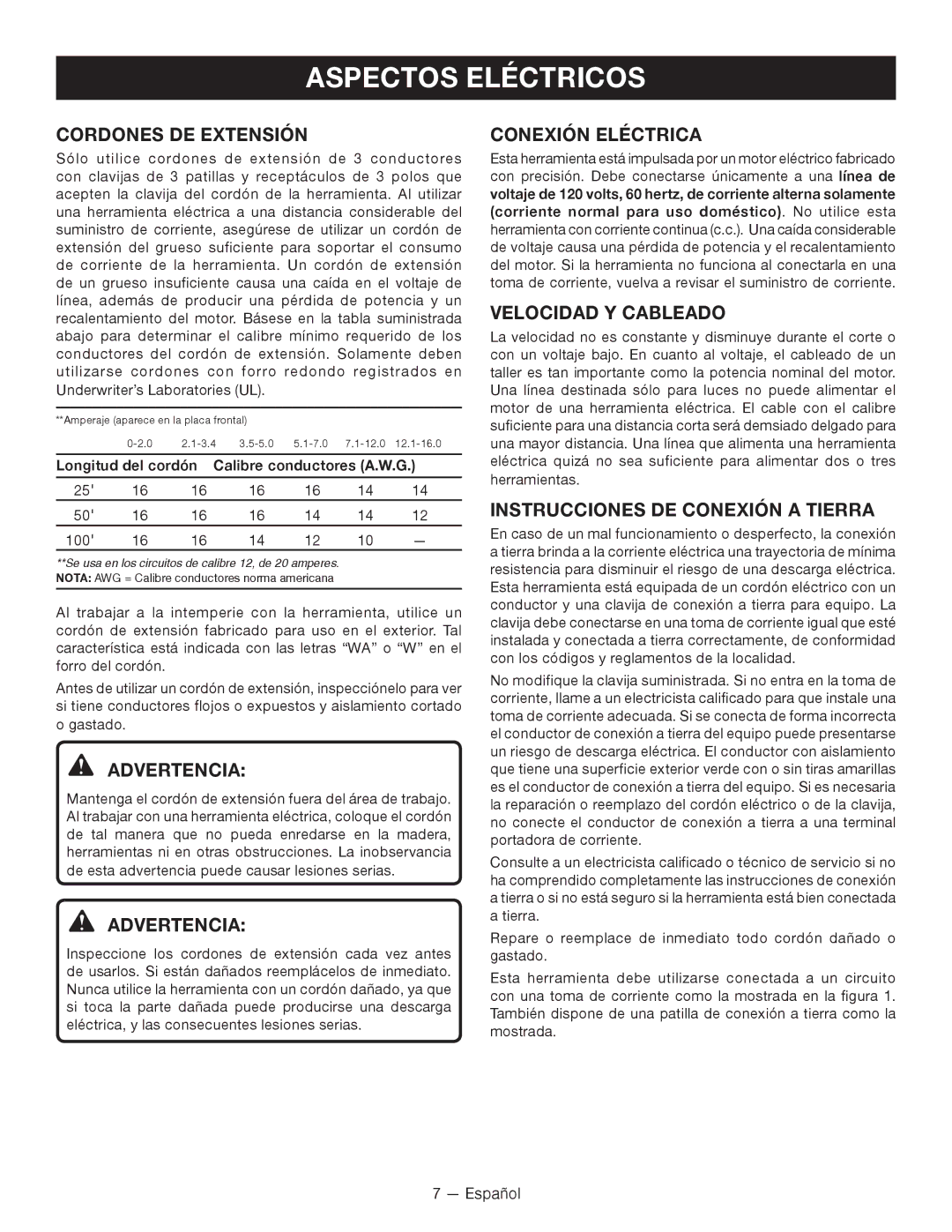 Homelite UT49103 manuel dutilisation Aspectos Eléctricos, Cordones DE Extensión, Conexión Eléctrica, Velocidad Y Cableado 