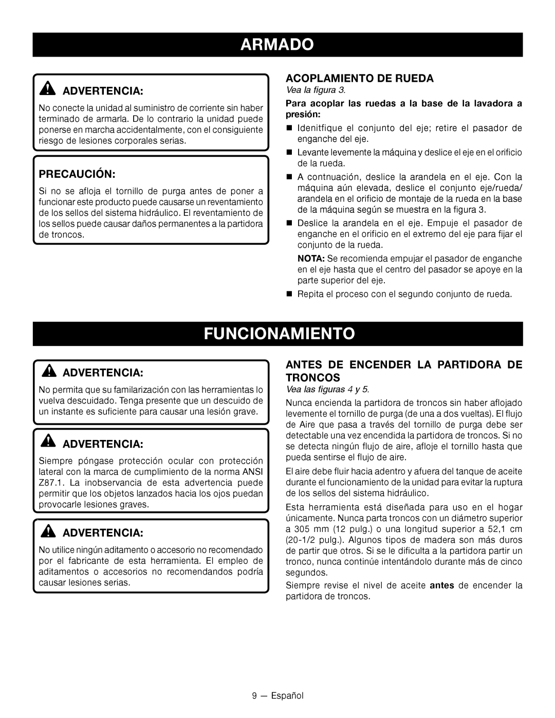 Homelite UT49103 Funcionamiento, Acoplamiento DE Rueda, Antes DE Encender LA Partidora DE Troncos, Vea las figuras 4 y 