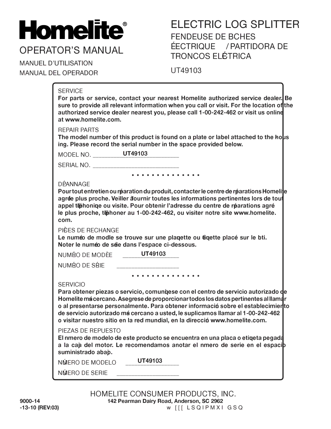 Homelite UT49103 manuel dutilisation Manuel D’UTILISATION, Manual DEL Operador 