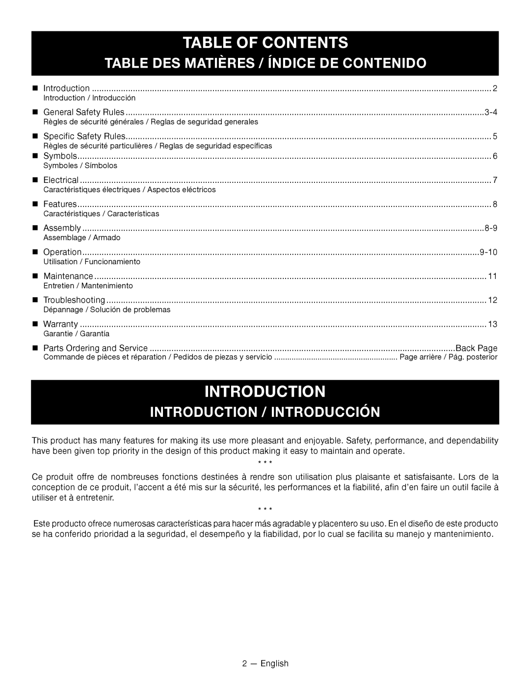 Homelite UT49103 manuel dutilisation Table of Contents, Introduction 