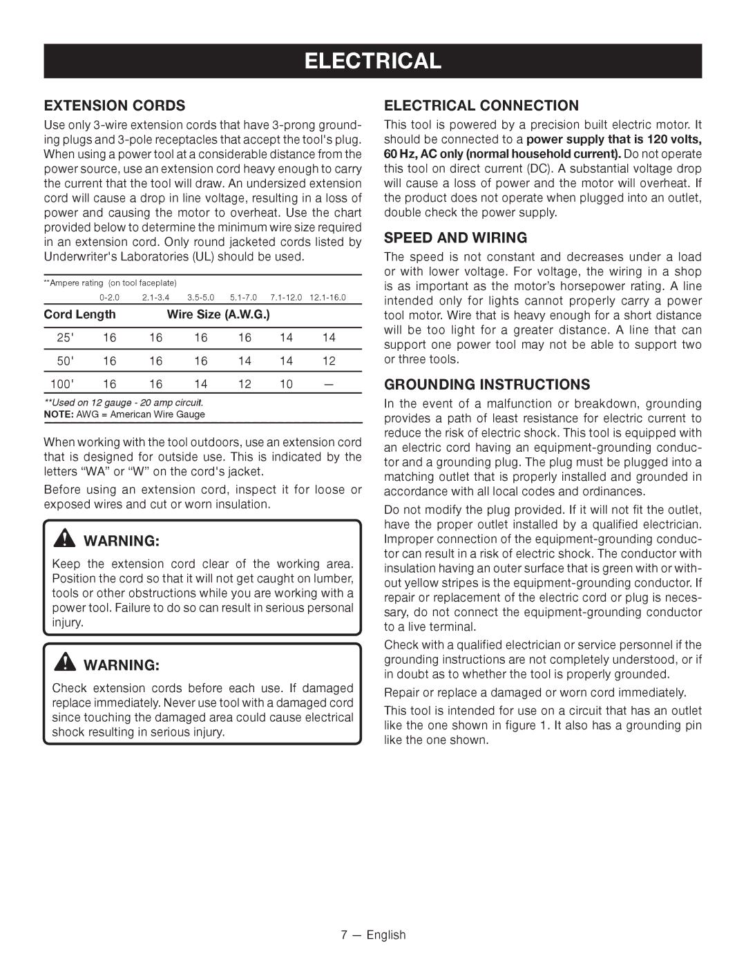 Homelite UT49103 manuel dutilisation Extension Cords, Electrical Connection, Speed and Wiring, Grounding Instructions 