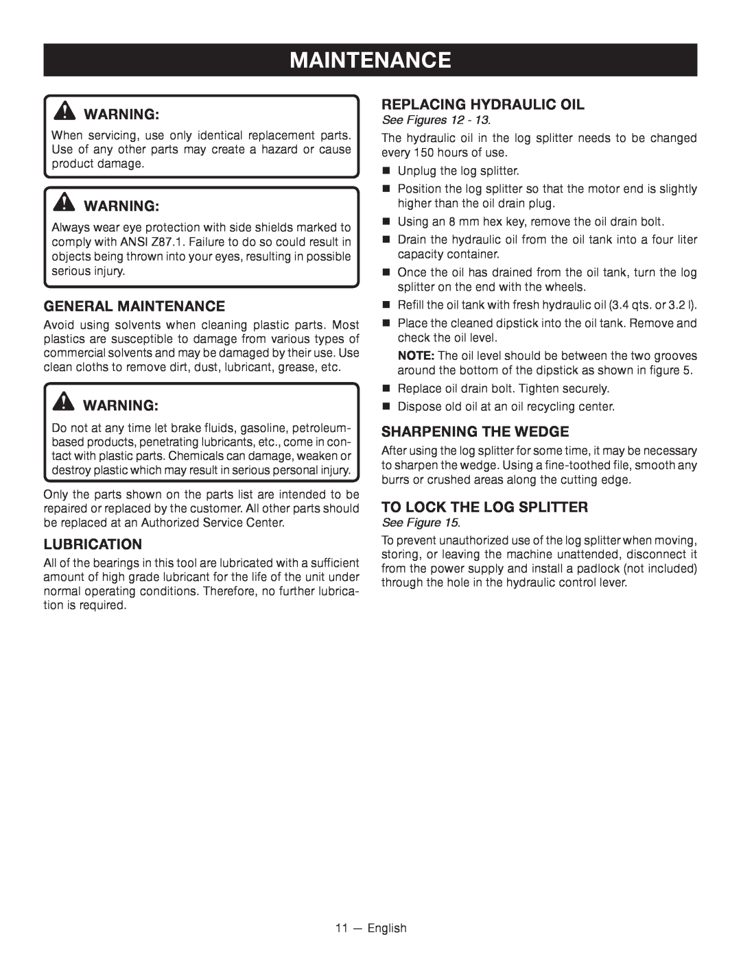 Homelite UT49103 General Maintenance, Lubrication, Replacing Hydraulic Oil, Sharpening The Wedge, See Figures 12 