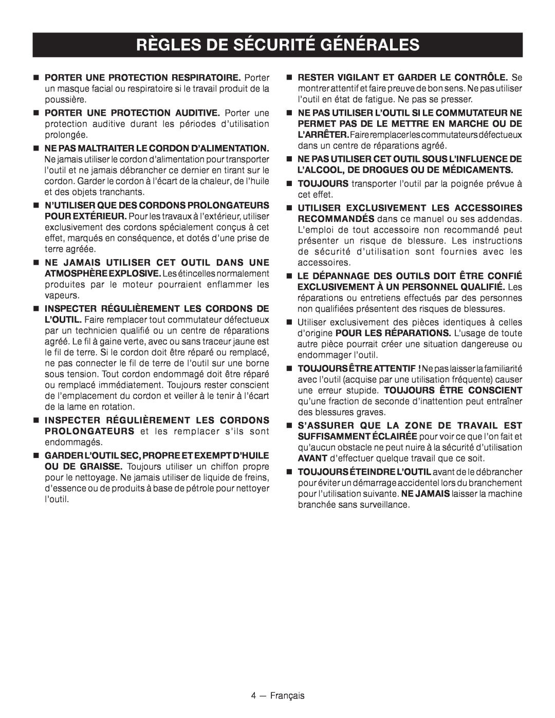 Homelite UT49103 manuel dutilisation Règles De Sécurité Générales,  Le Dépannage Des Outils Doit Être Confié 