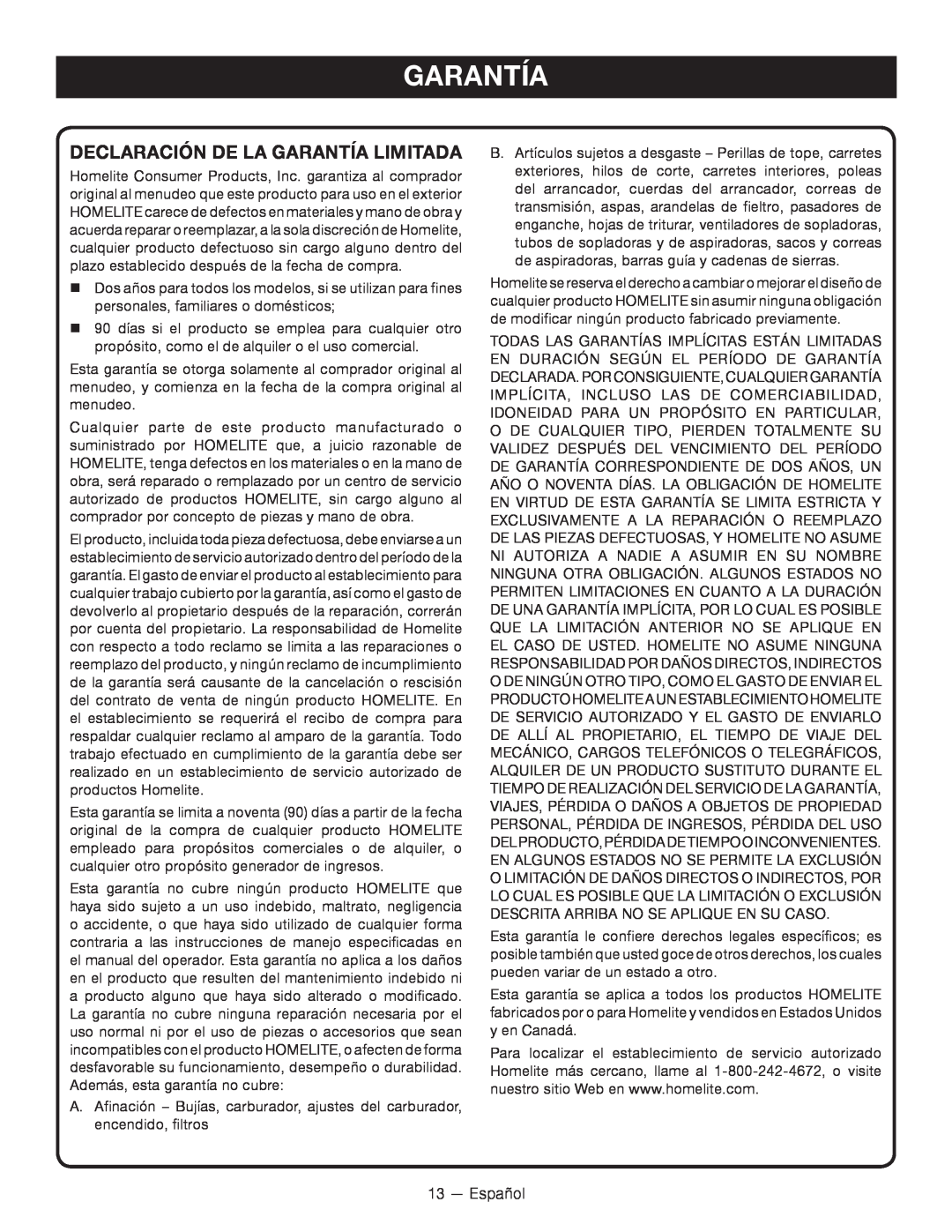 Homelite UT49103 manuel dutilisation Declaración De La Garantía Limitada 