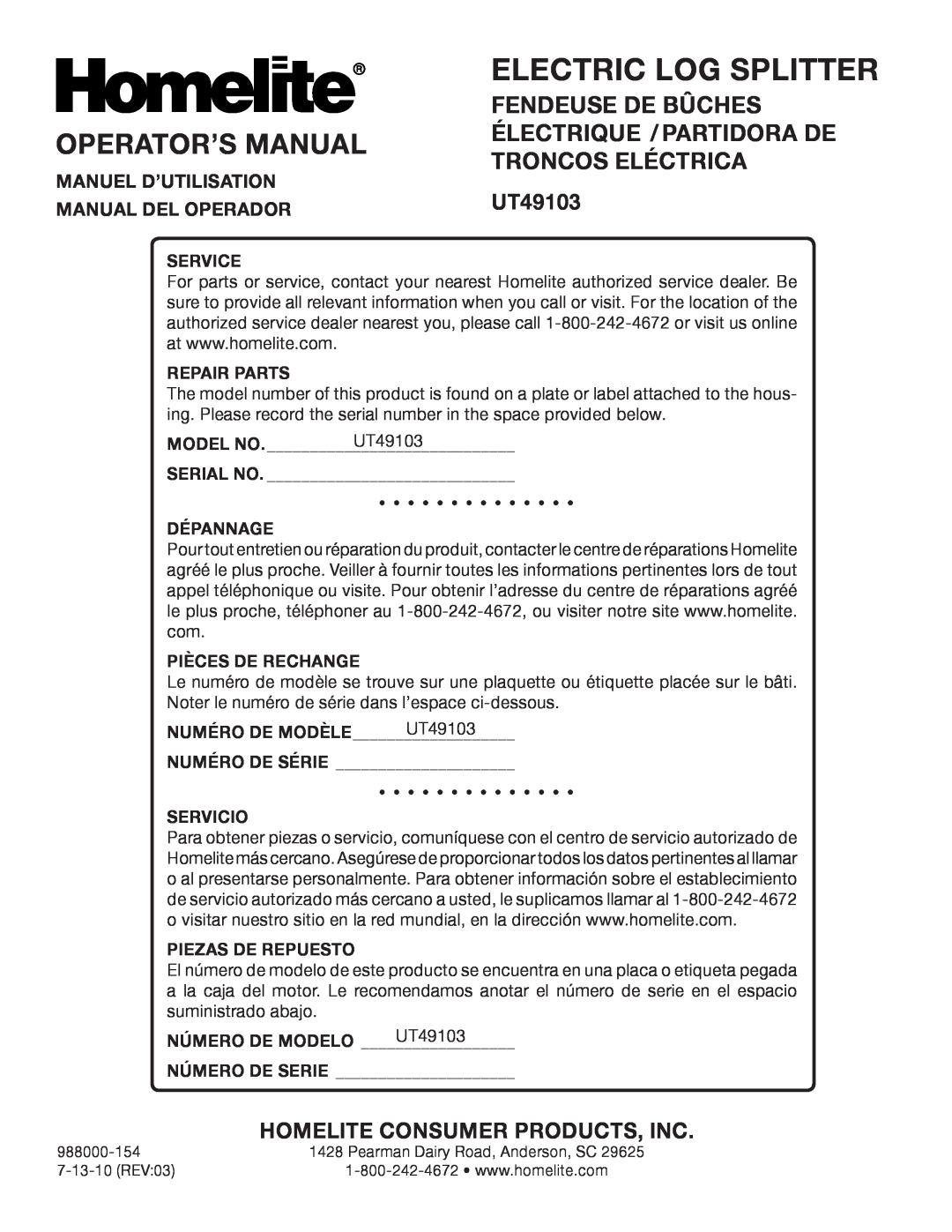 Homelite UT49103 Operator’S Manual, Manuel D’Utilisation, Manual Del Operador, Service, Repair Parts, Model No 