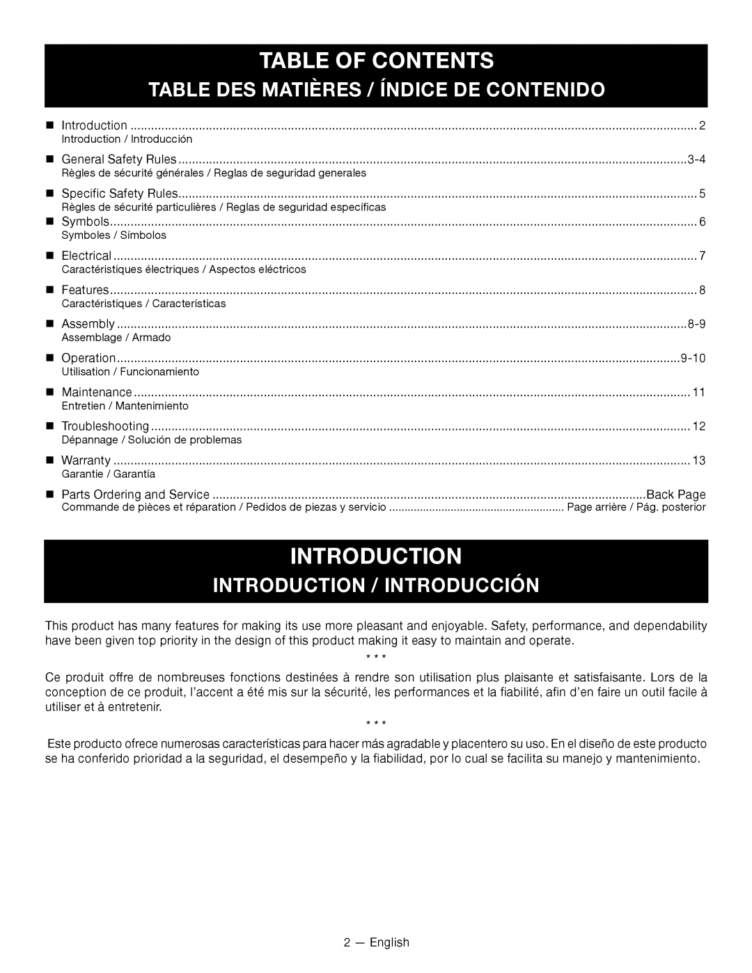 Homelite UT49103 Table Of Contents, Table Des Matières / Índice De Contenido, Introduction / Introducción 