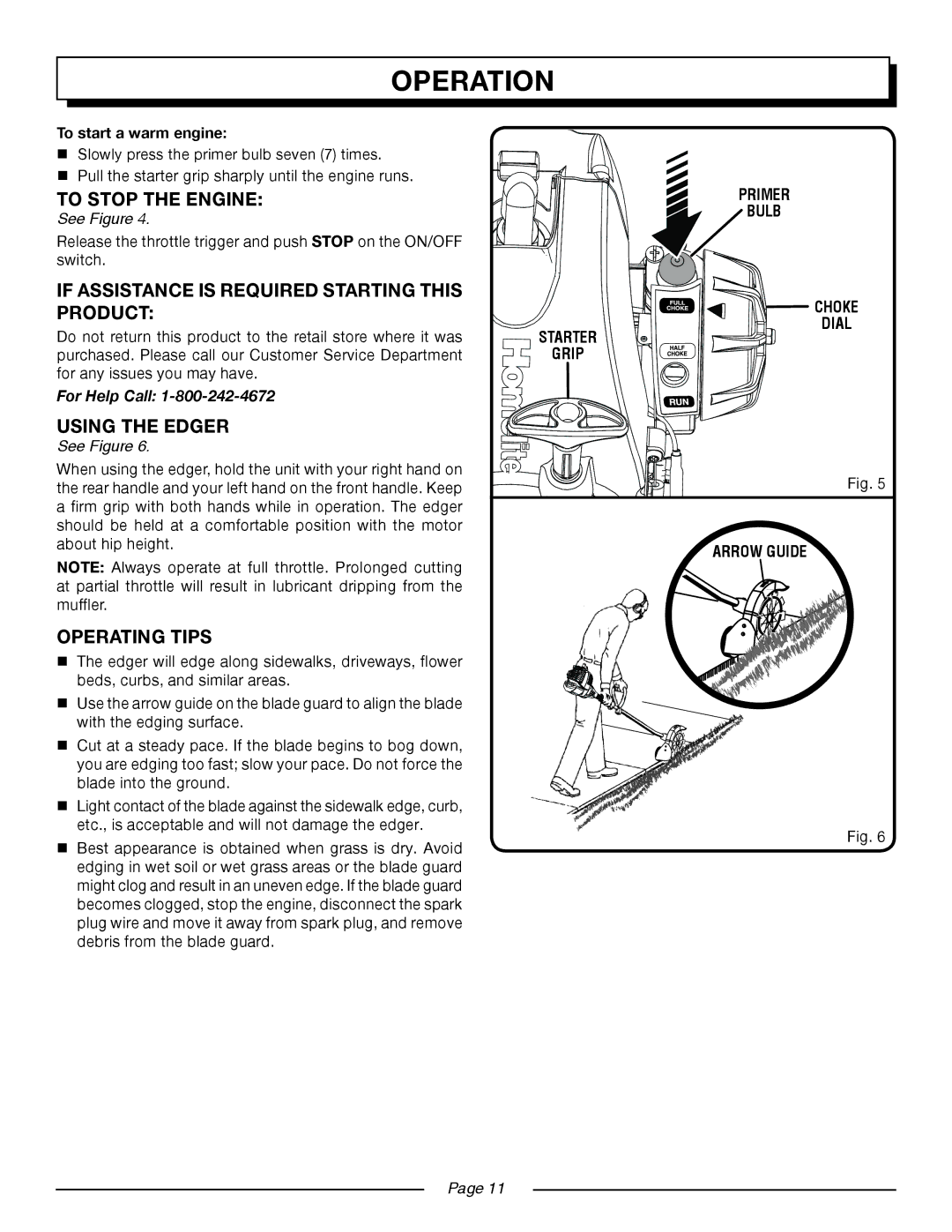 Homelite UT50901 To Stop the Engine, If assistance is required Starting this product, Using the Edger, Operating Tips 