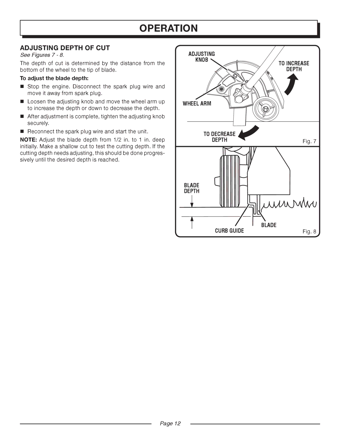 Homelite UT50500, UT50901 manual Adjusting Depth of CUT, See Figures 7, Blade Depth 