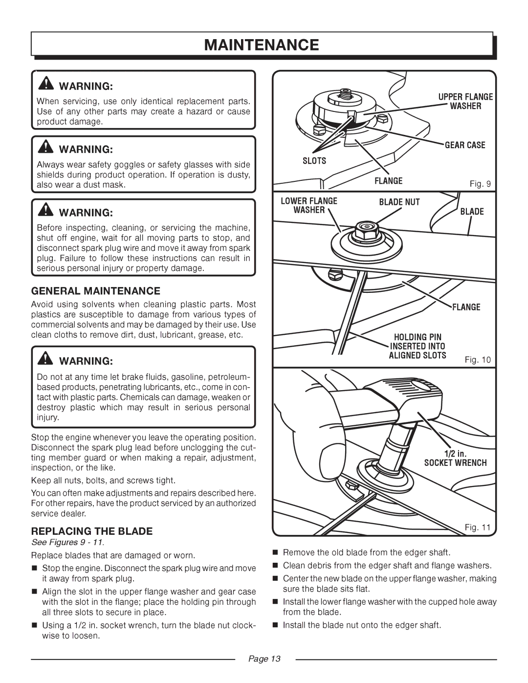 Homelite UT50901, UT50500 manual General Maintenance, Replacing the blade, See Figures 9 