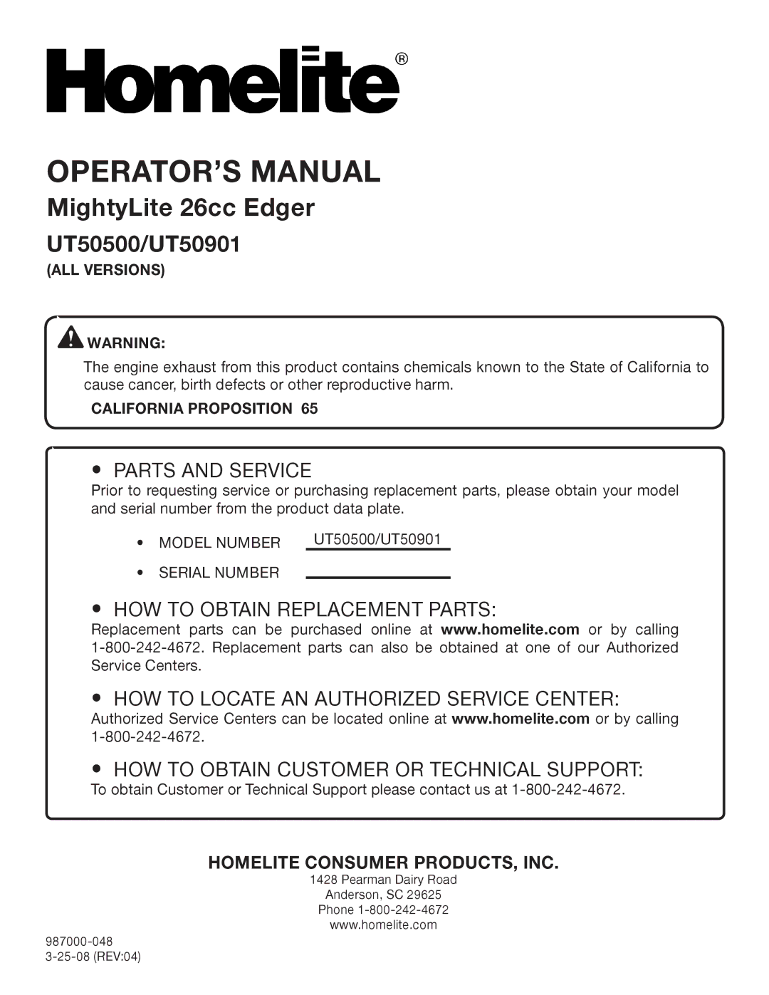 Homelite UT50500, UT50901 manual Parts and Service, California Proposition 