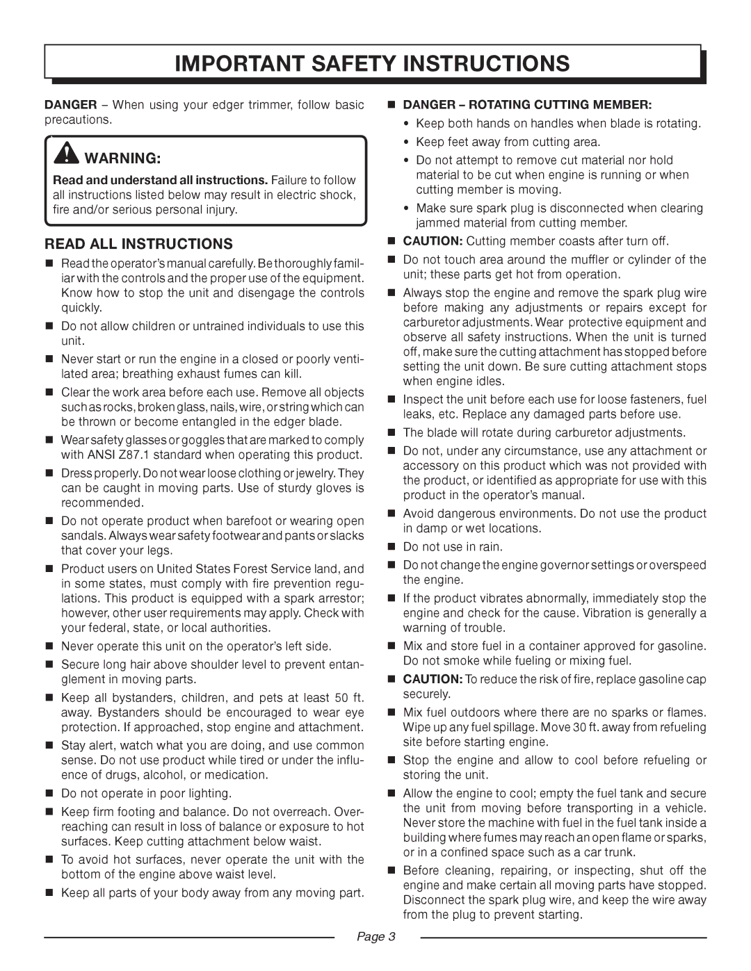 Homelite UT50901, UT50500 manual Read all instructions,  Danger Rotating Cutting Member 