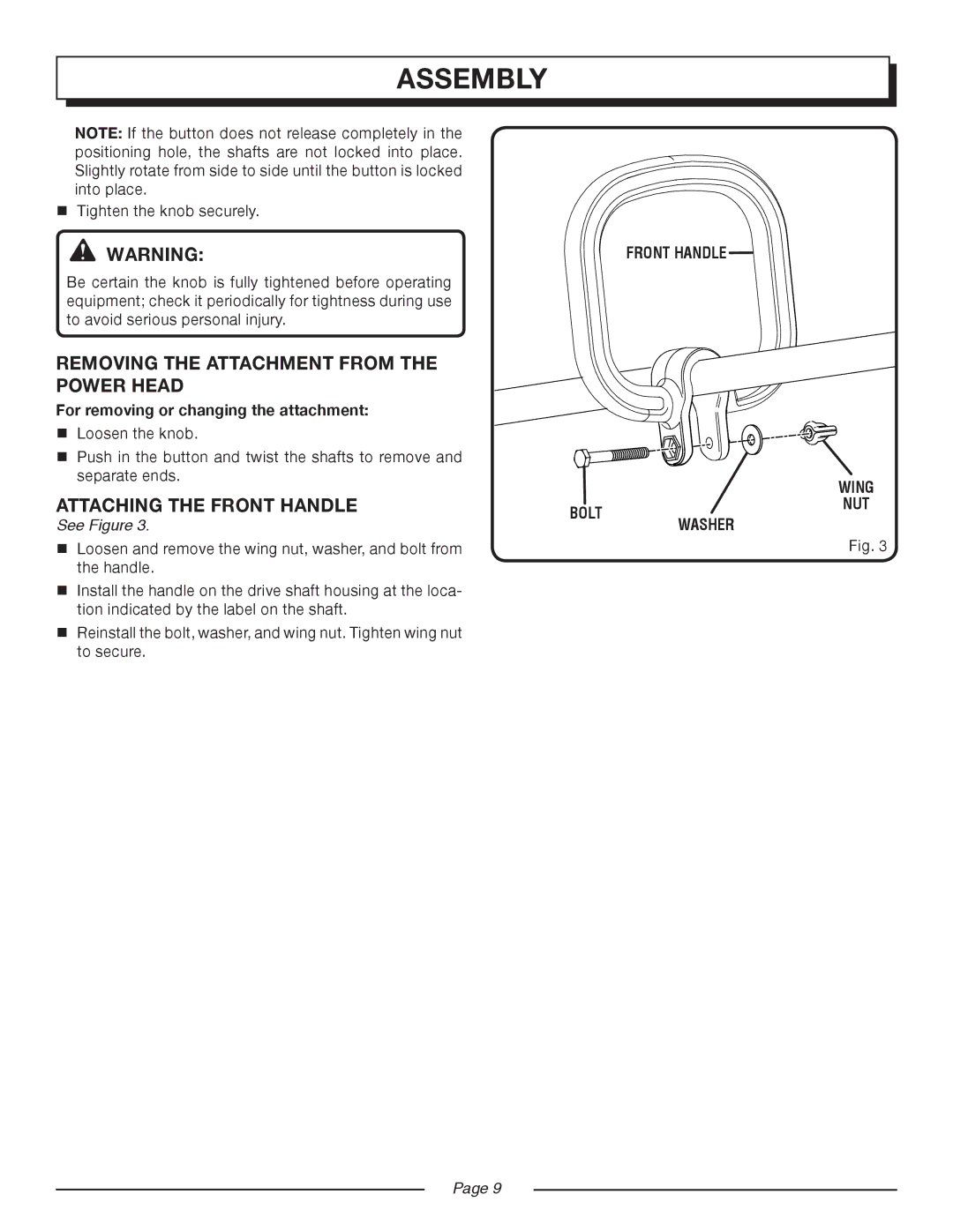 Homelite UT50901 manual Removing the attachment from the power head, Attaching the Front handle, Front Handle, Bolt, Washer 