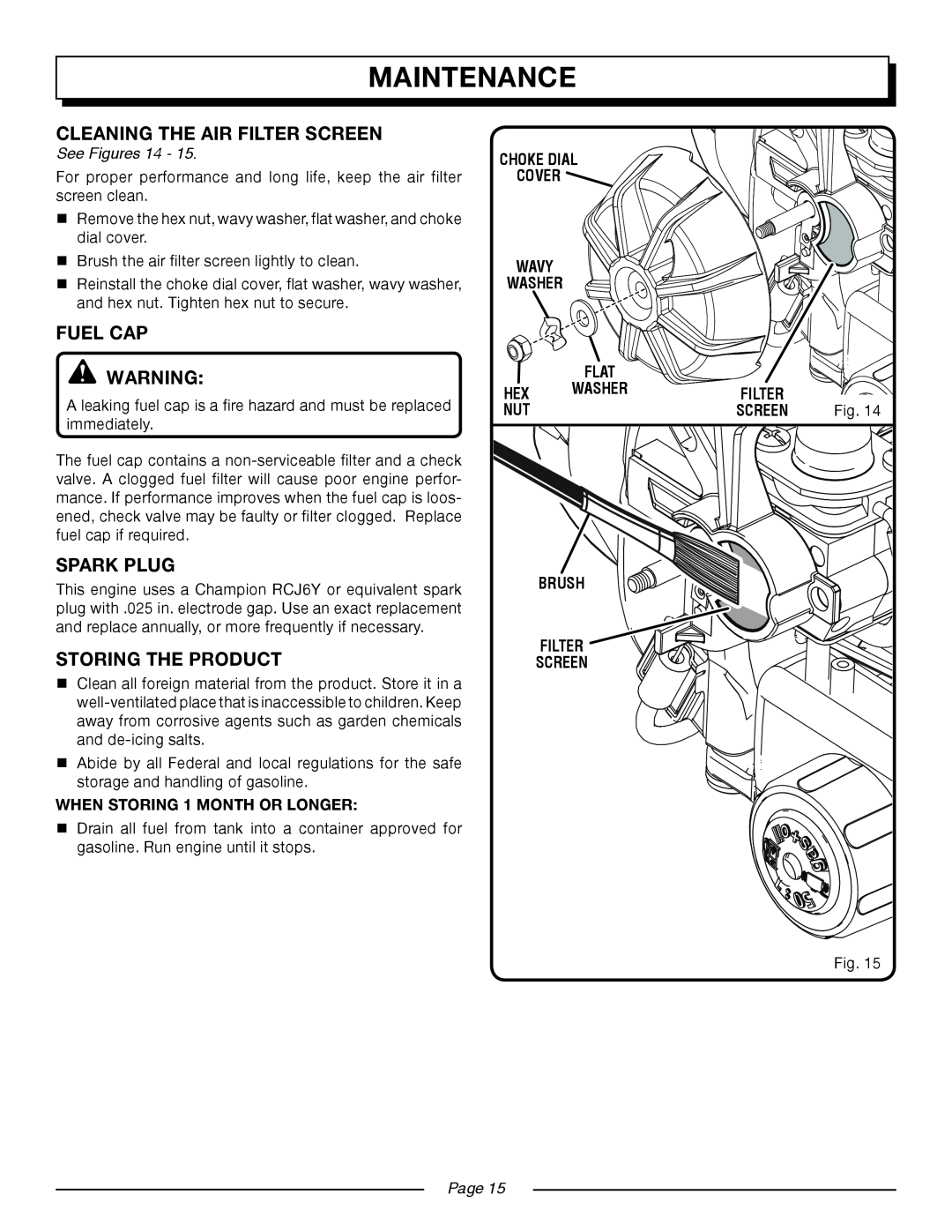 Homelite UT50901 Cleaning The Air Filter Screen, Fuel Cap, Spark Plug, STORing the product, Maintenance, See Figures 14 
