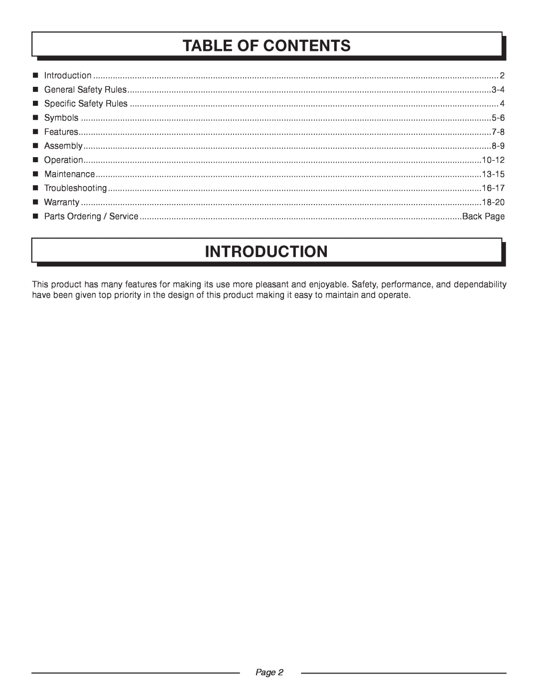 Homelite UT50500, UT50901 manual Table Of Contents, Introduction, 10-12, 13-15, 16-17, 18-20, Back Page, Page  