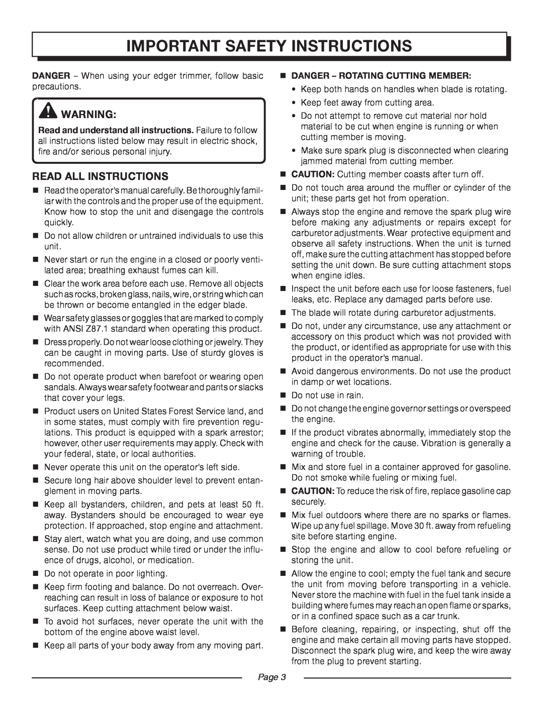 Homelite UT50901, UT50500 manual important safety instructions, read all instructions, Page  