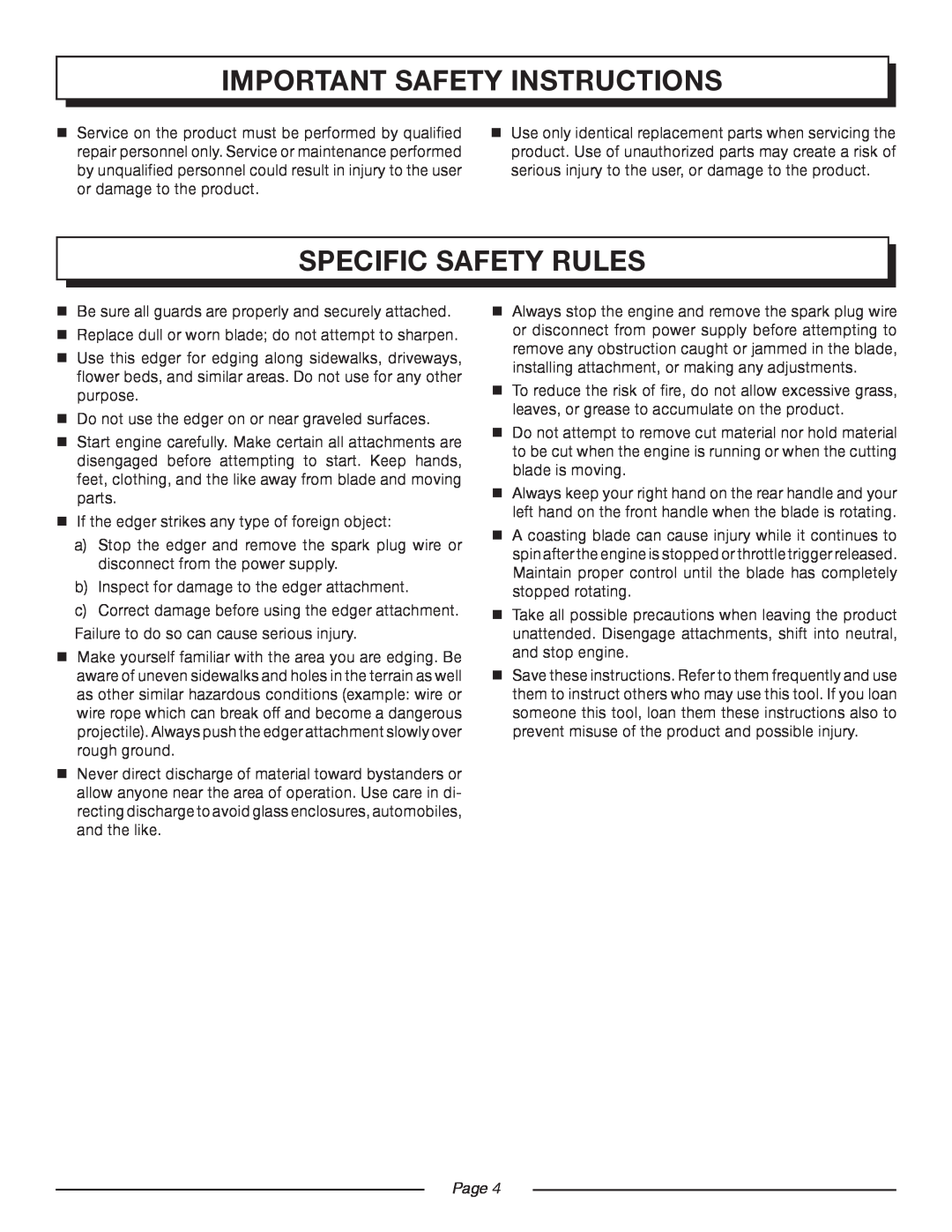 Homelite UT50500, UT50901 manual Specific Safety Rules, important safety instructions, Page  