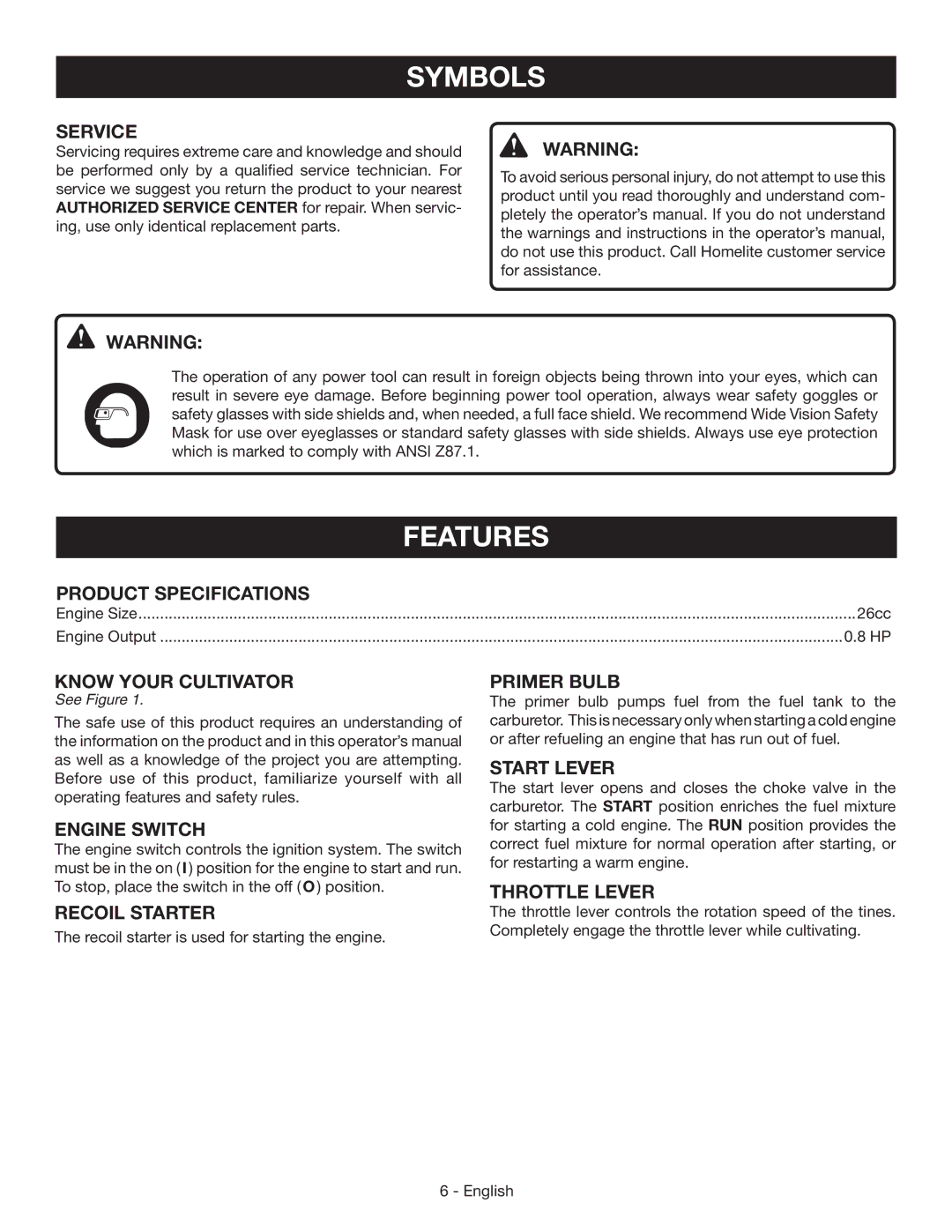 Homelite UT60526 manuel dutilisation Features, Product Specifications 