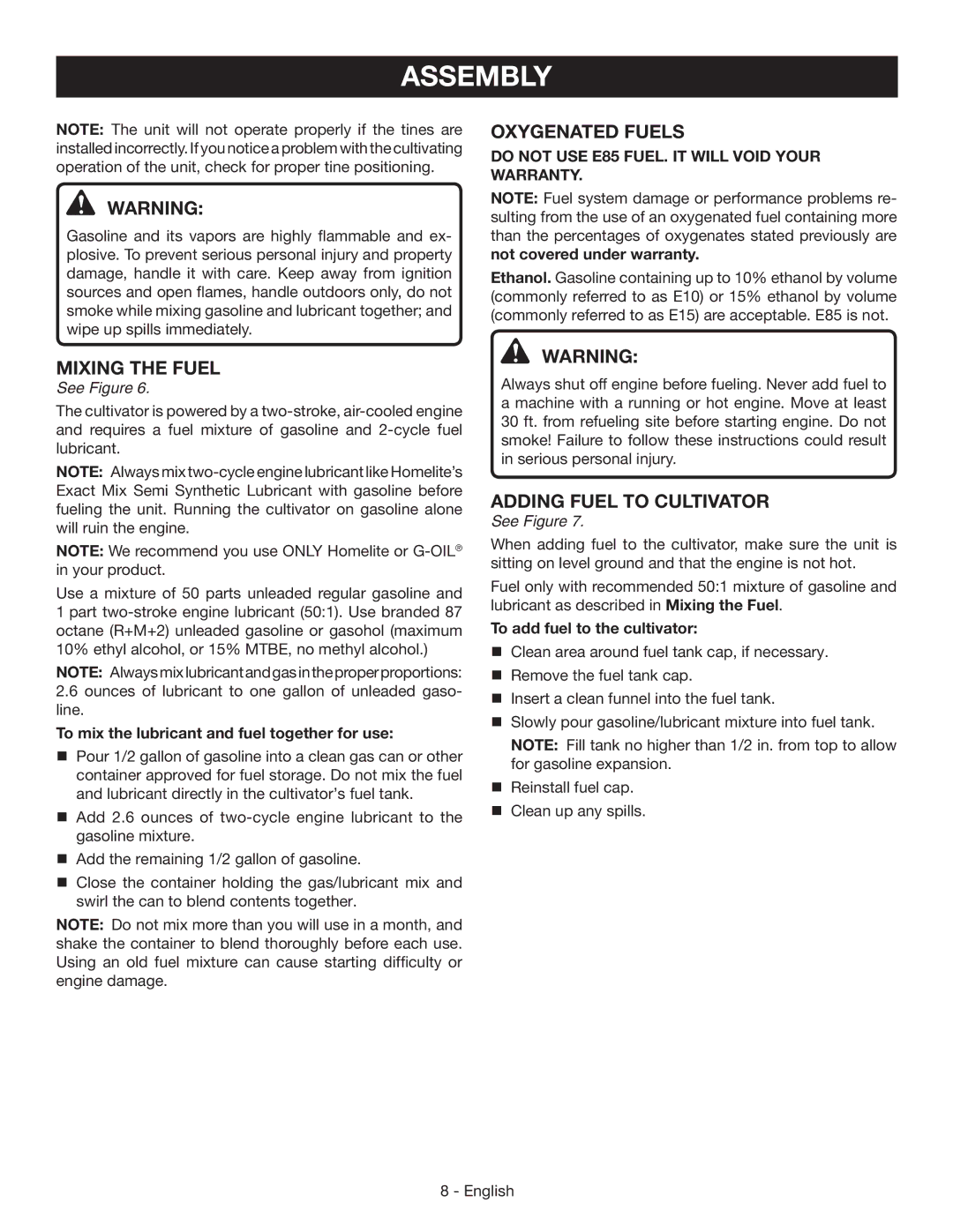 Homelite UT60526 manuel dutilisation Mixing the fuel, Oxygenated Fuels, Adding fuel to cultivator 