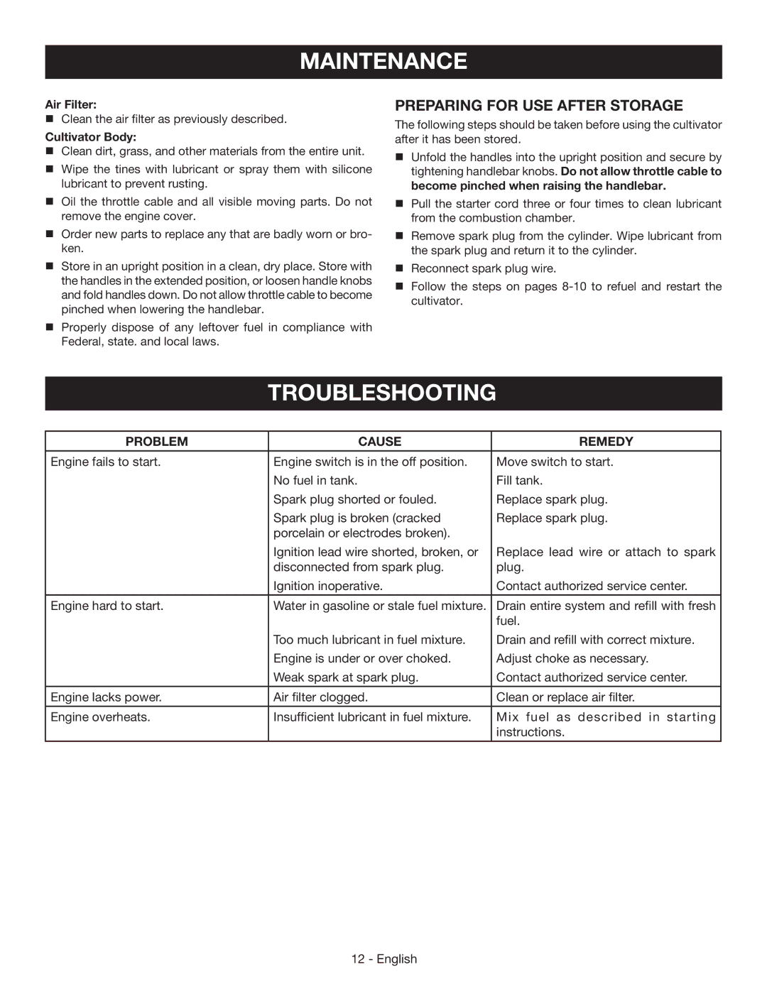 Homelite UT60526 manuel dutilisation Preparing for USE After Storage, Air Filter, Cultivator Body, Problem Cause Remedy 