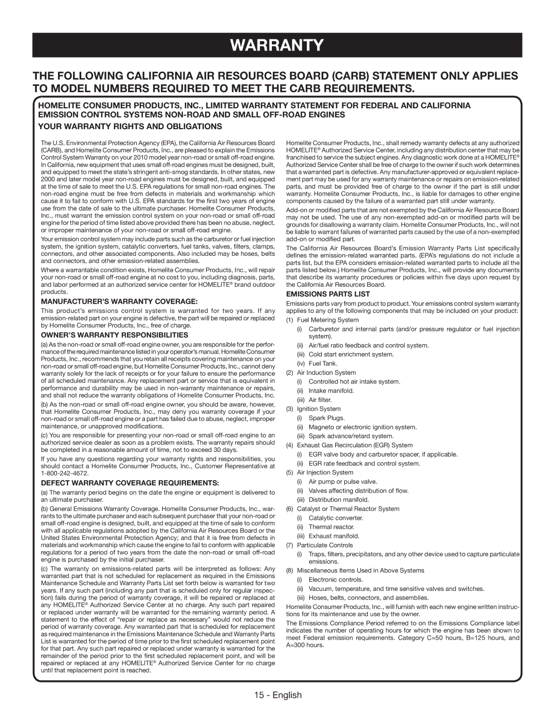 Homelite UT60526 MANUFACTURER’S Warranty Coverage, OWNER’S Warranty Responsibilities, Emissions Parts List 