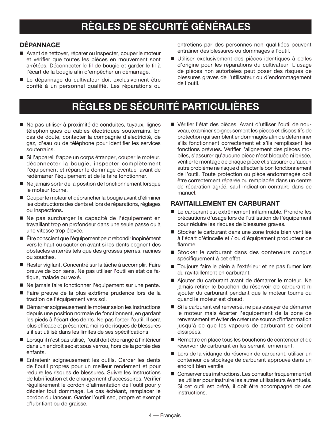 Homelite UT60526 manuel dutilisation Règles DE Sécurité Particulières, Dépannage, Ravitaillement en carburant 