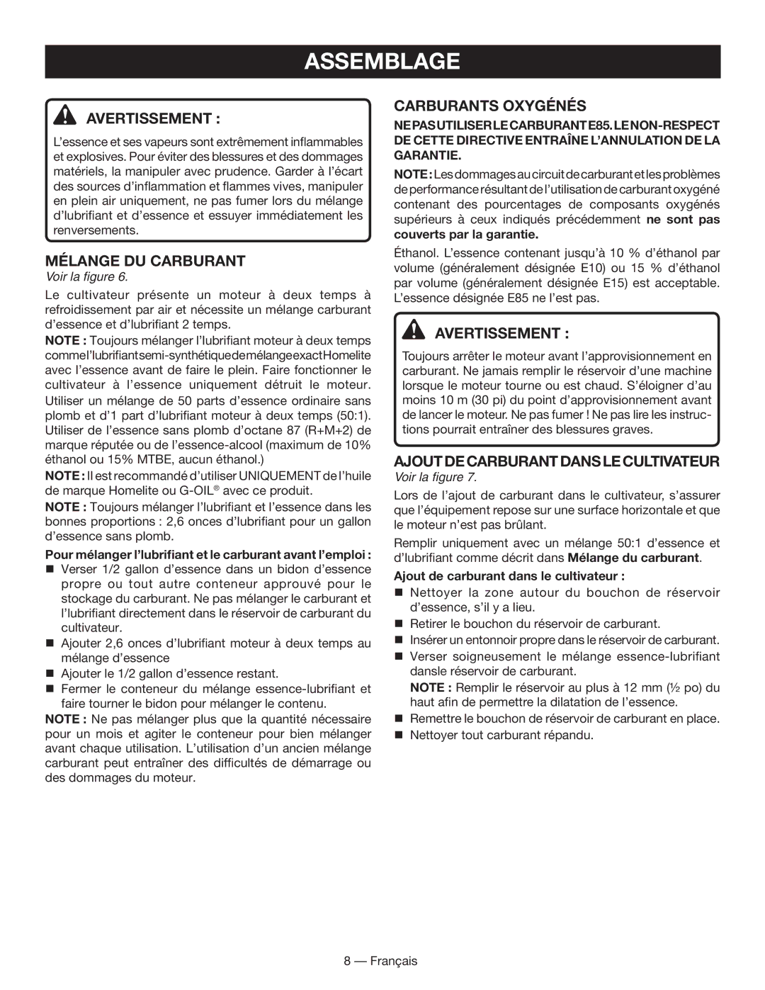 Homelite UT60526 manuel dutilisation Mélange du carburant, Carburants Oxygénés, Ajoutdecarburantdans lecultivateur 