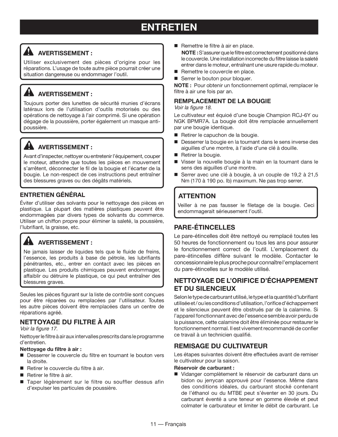 Homelite UT60526 manuel dutilisation Entretien, Nettoyage du filtre à air, Pare-étincelles, Remisage du cultivateur 