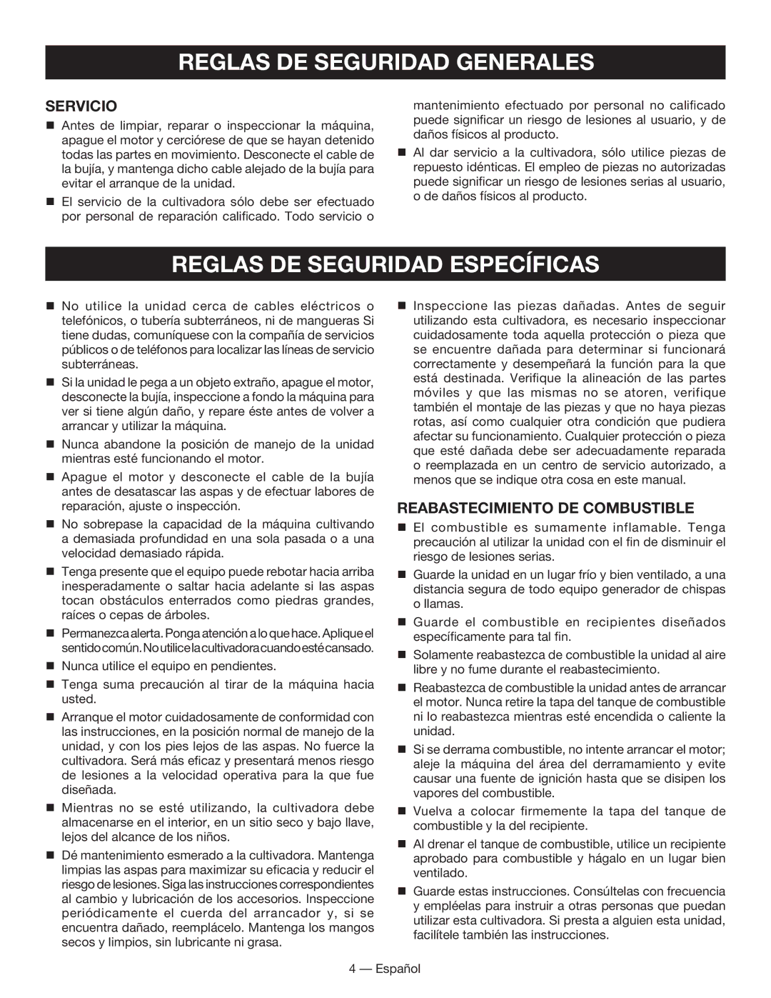 Homelite UT60526 manuel dutilisation Reglas DE Seguridad Específicas, Servicio, Reabastecimiento de combustible 