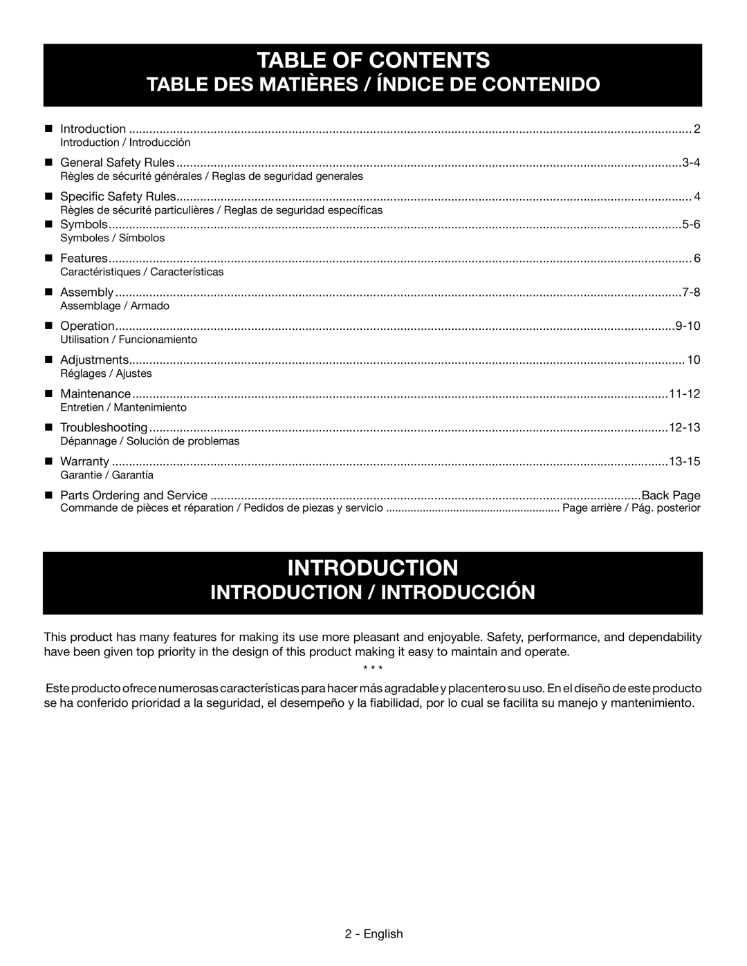 Homelite UT60526 manuel dutilisation Table of Contents 